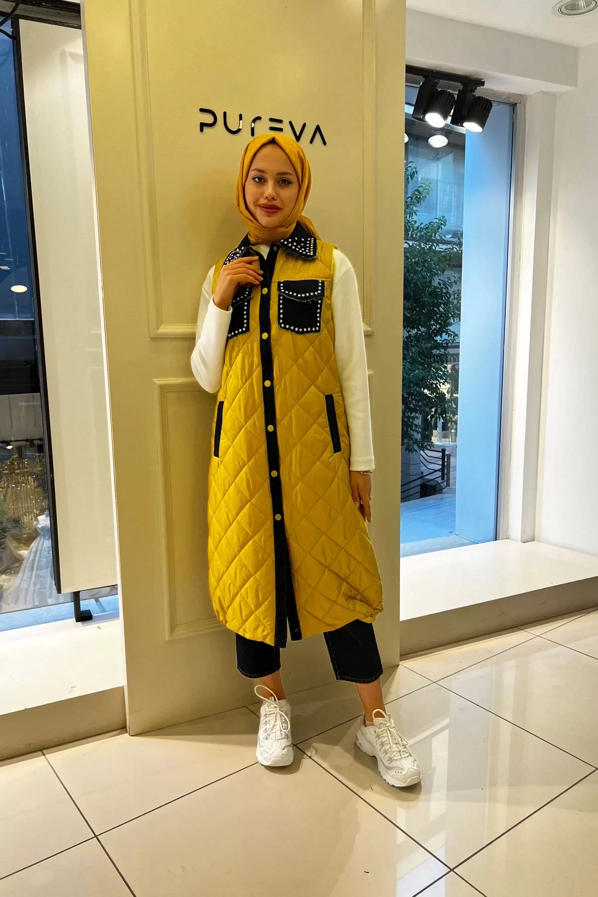 TAŞLI KAPİTONE YELEK Asit Sarısı 3