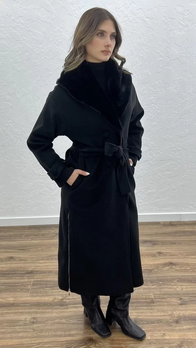 BLUEVA FRANSIZ BOY KÜRKLÜ KAŞE KABAN Siyah