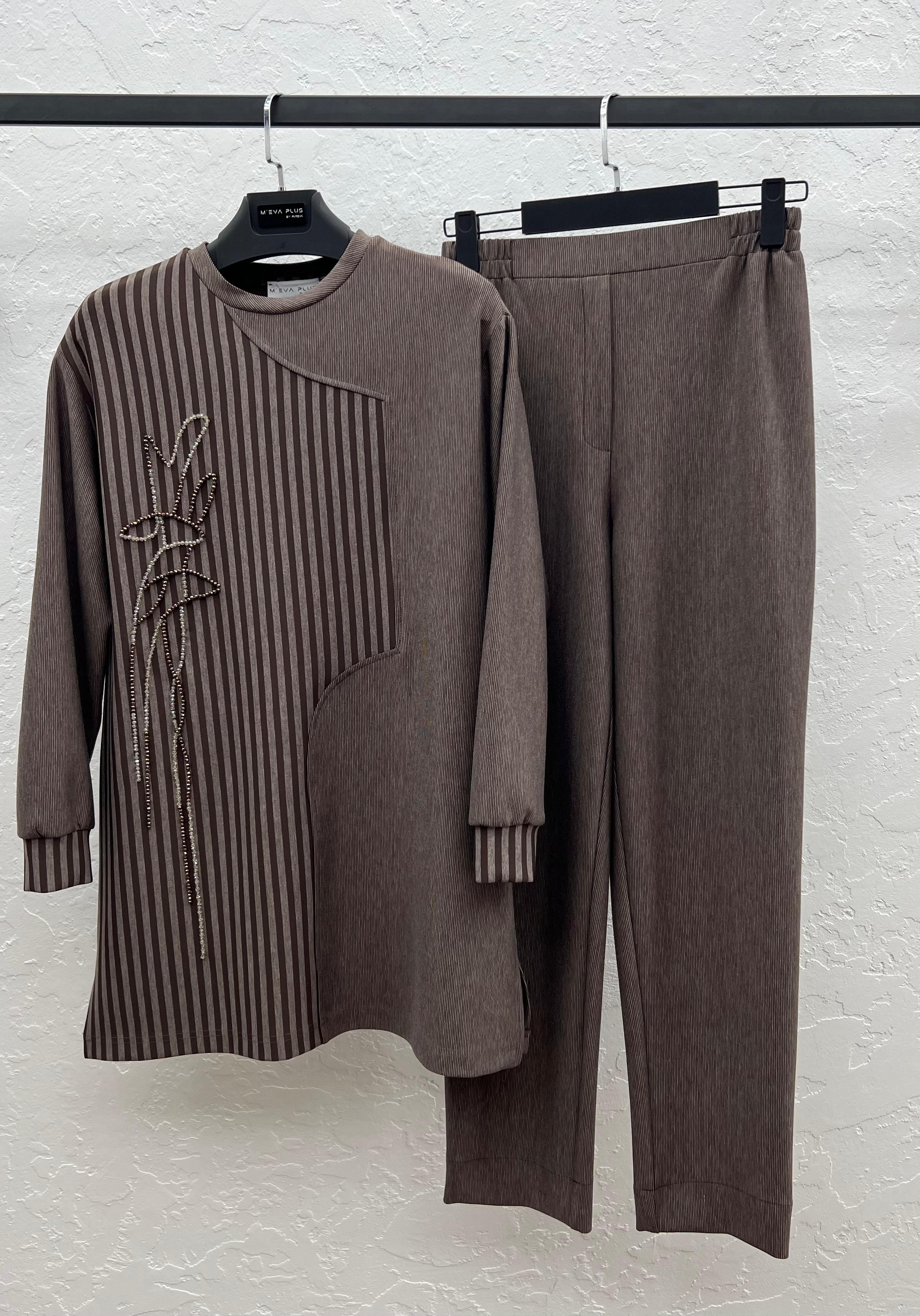 ÇİZGİLİ BAMBU MODAL TUNİK PANTOLON TAKIM Kahverengi 2