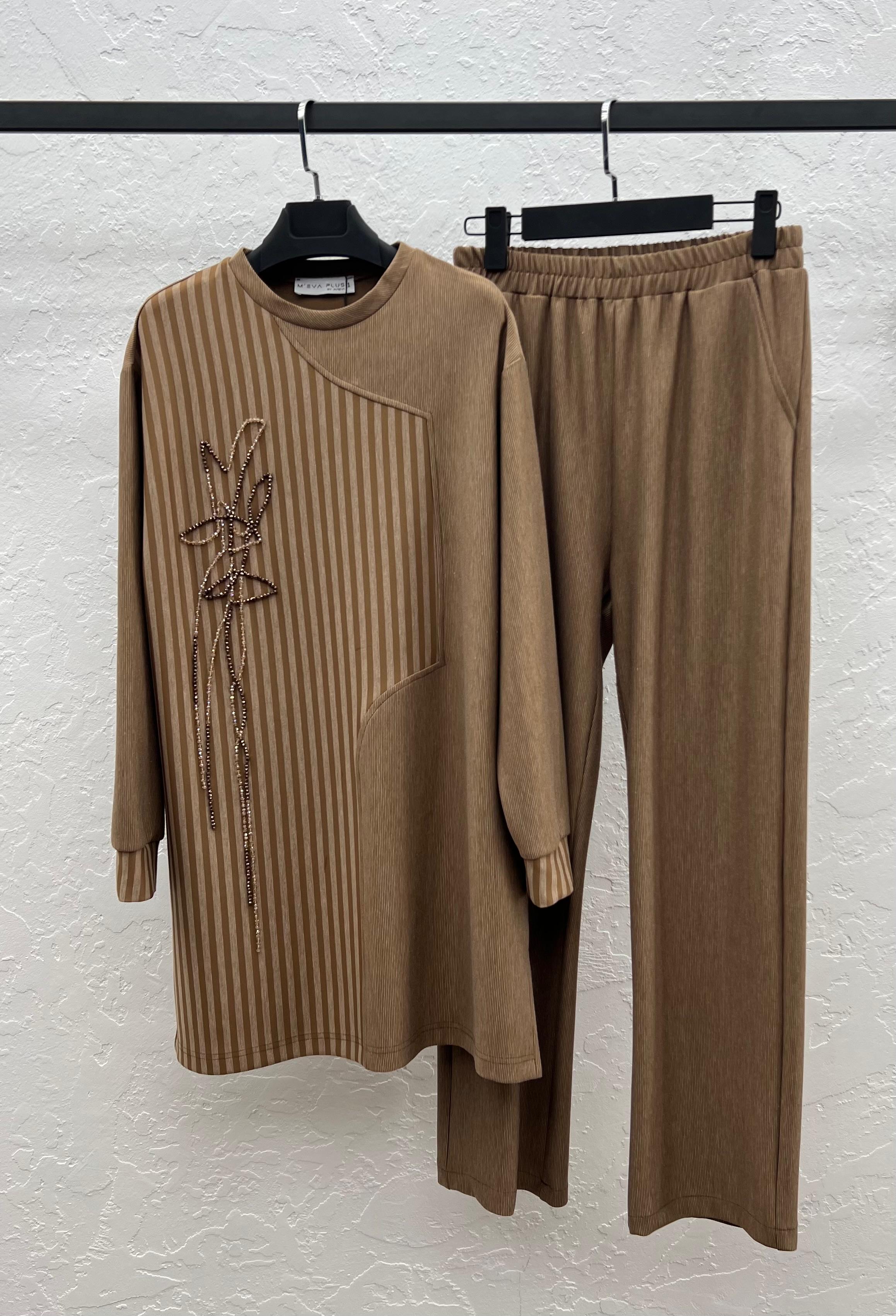 ÇİZGİLİ BAMBU MODAL TUNİK PANTOLON TAKIM Camel 4