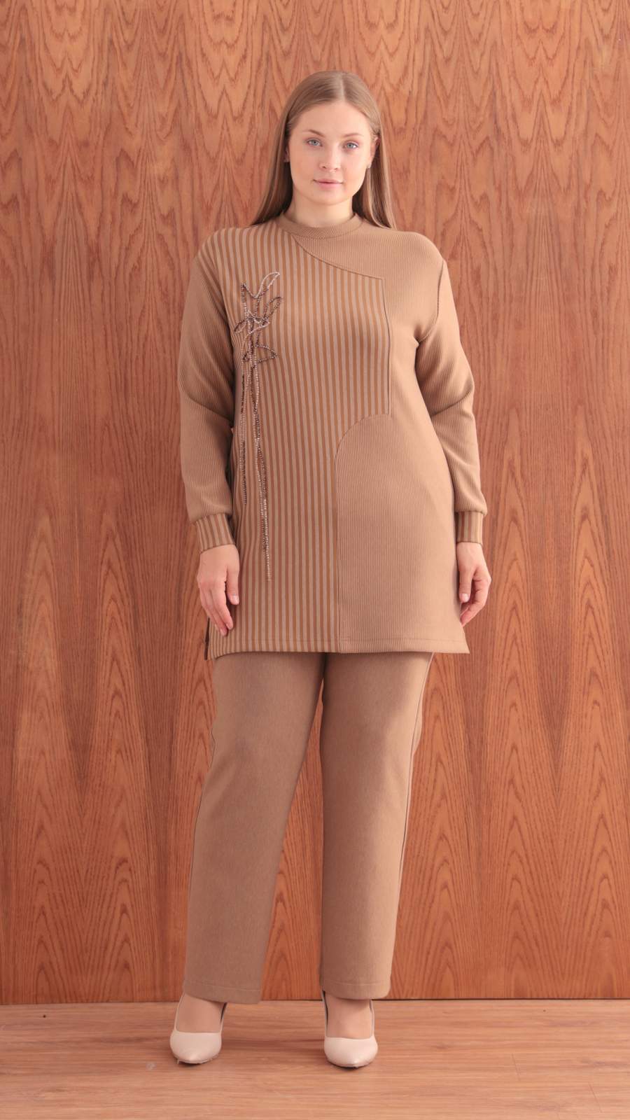 ÇİZGİLİ BAMBU MODAL TUNİK PANTOLON TAKIM Camel 3
