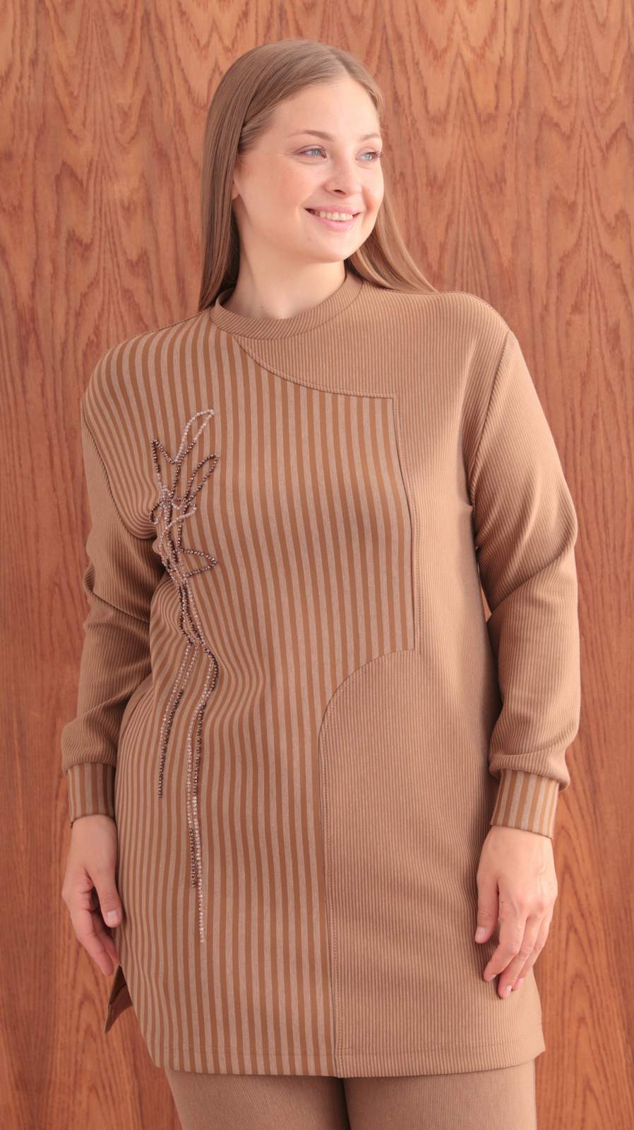 ÇİZGİLİ BAMBU MODAL TUNİK PANTOLON TAKIM Camel 2
