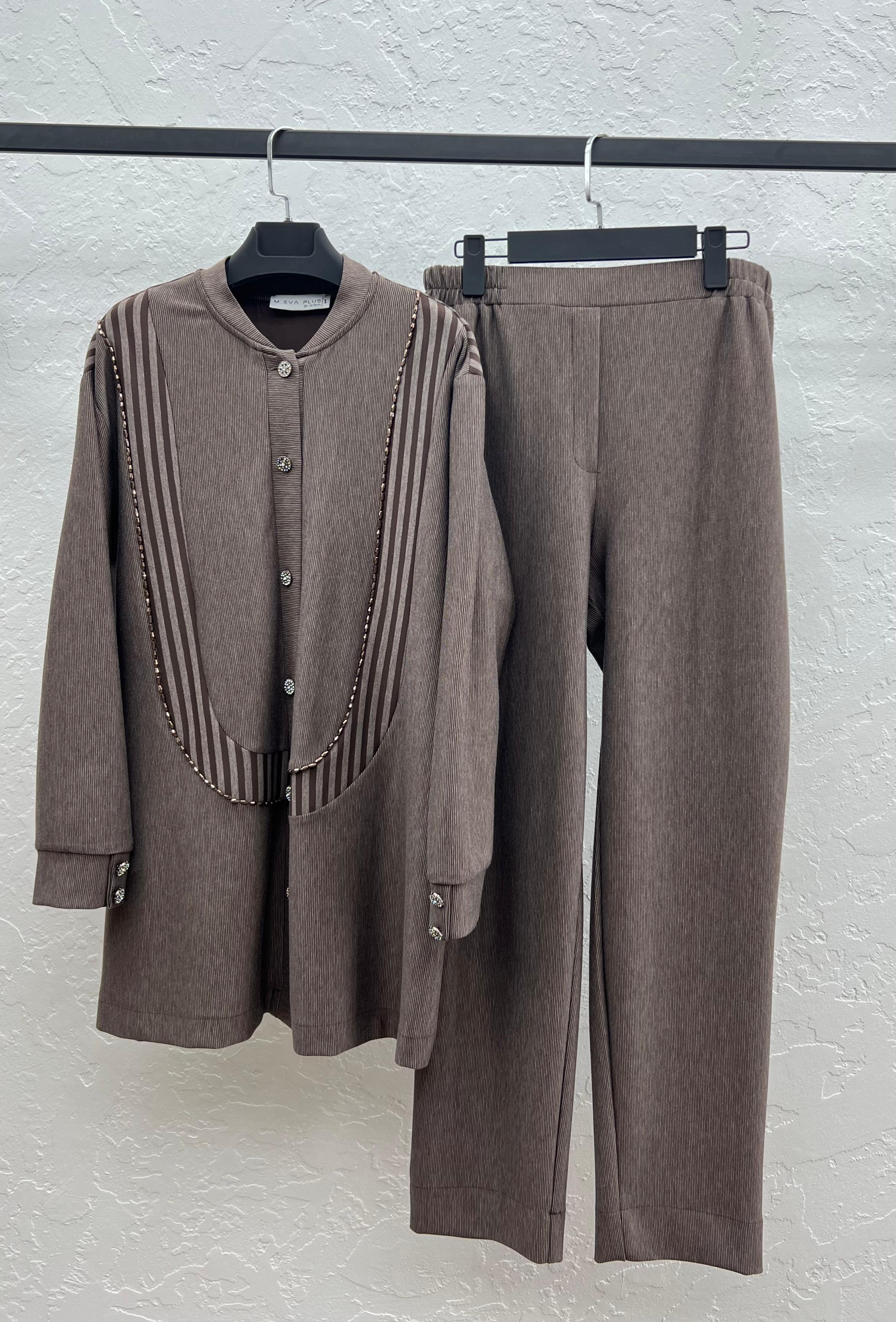 ÇİZGİLİ BAMBU MODAL TUNİK PANTOLON TAKIM Kahverengi 4