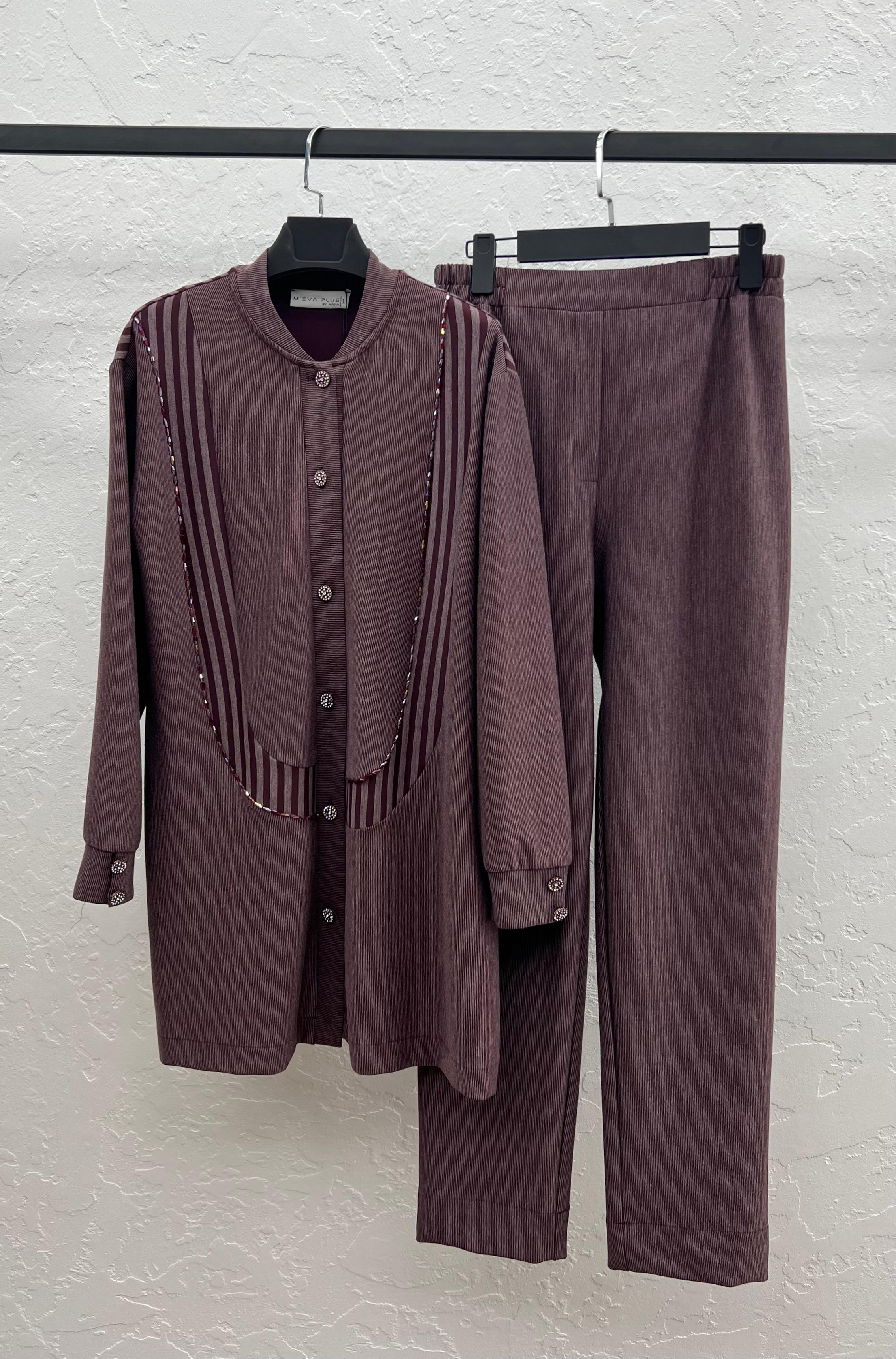 ÇİZGİLİ BAMBU MODAL TUNİK PANTOLON TAKIM Bordo 2