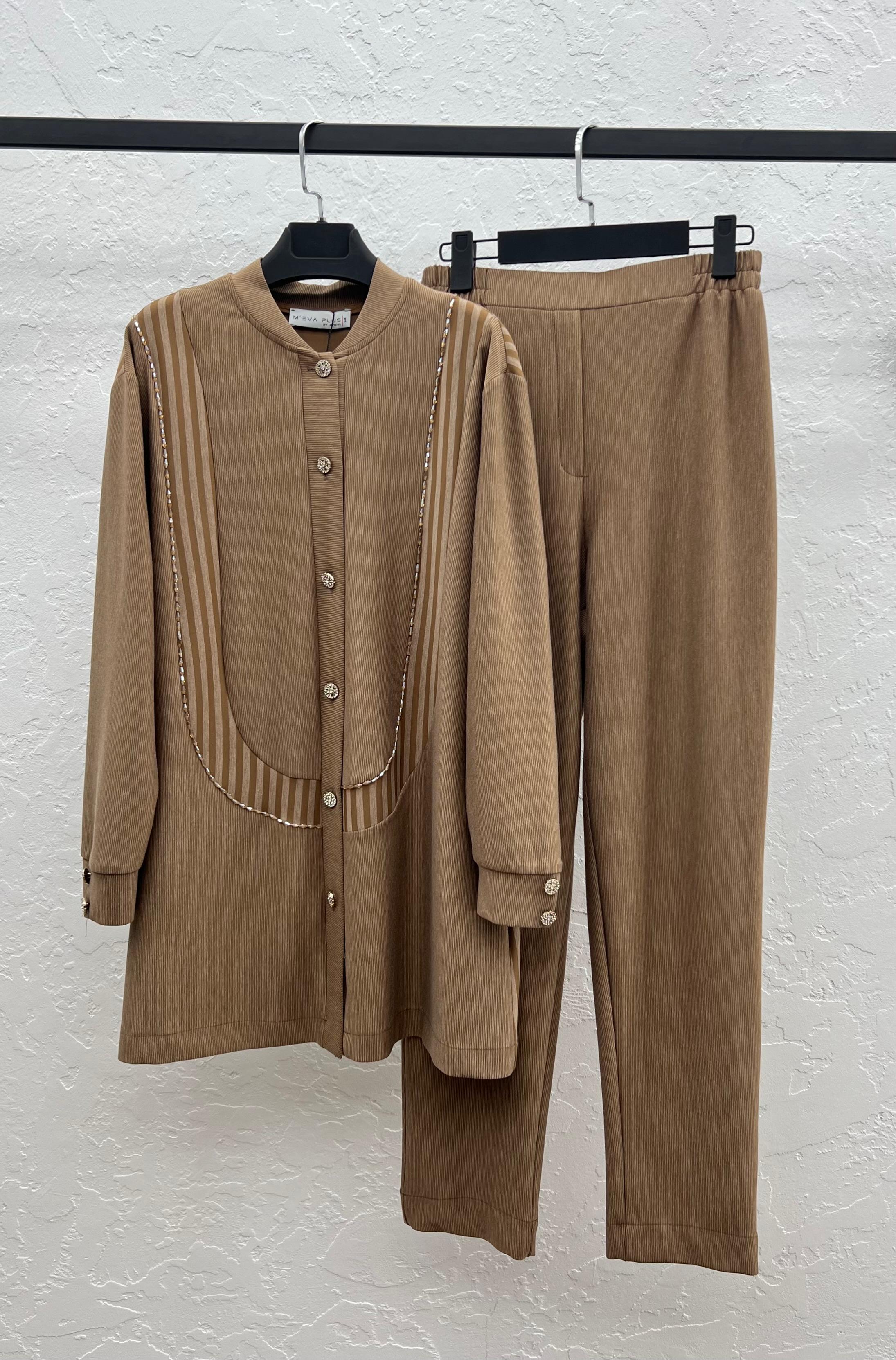 ÇİZGİLİ BAMBU MODAL TUNİK PANTOLON TAKIM Camel 2