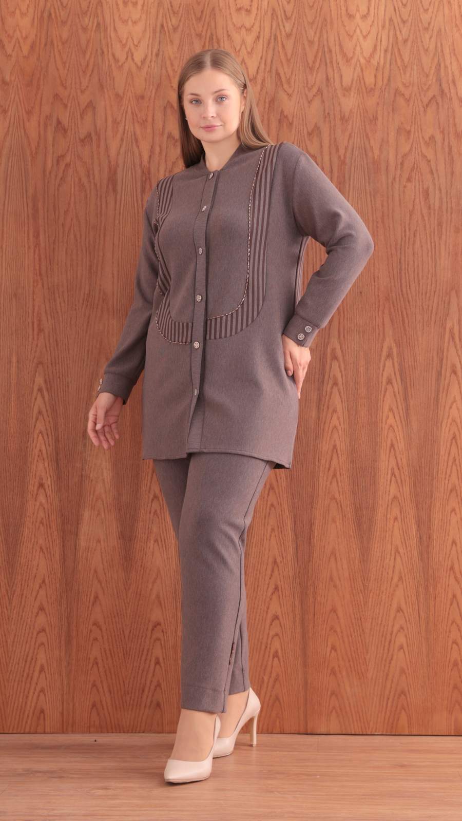ÇİZGİLİ BAMBU MODAL TUNİK PANTOLON TAKIM Kahverengi 3