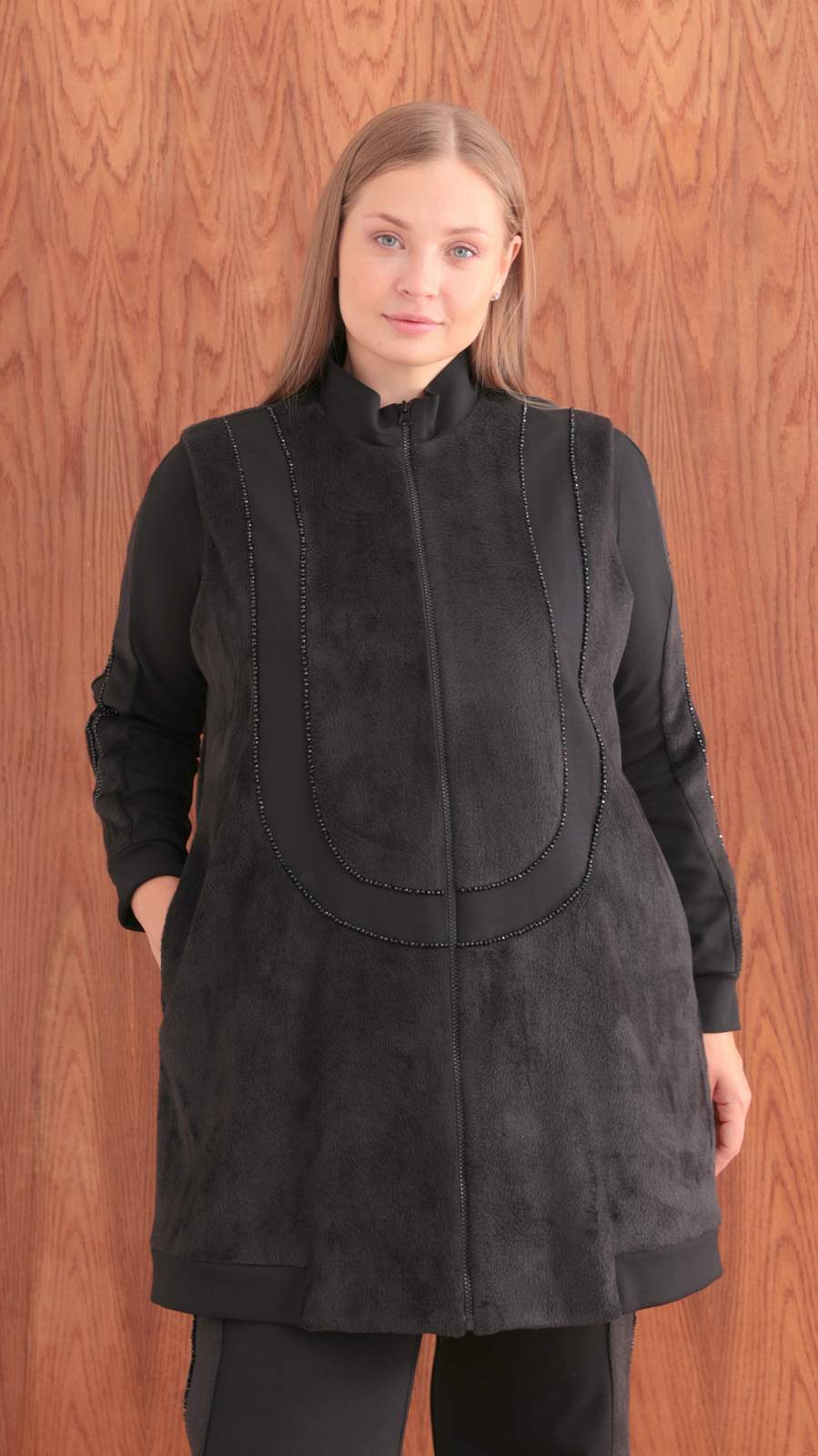 M'EVA PLUS MODAL & ANGORA KÜRKLÜ TUNİK YELEK PANTOLON TAKIM Siyah
