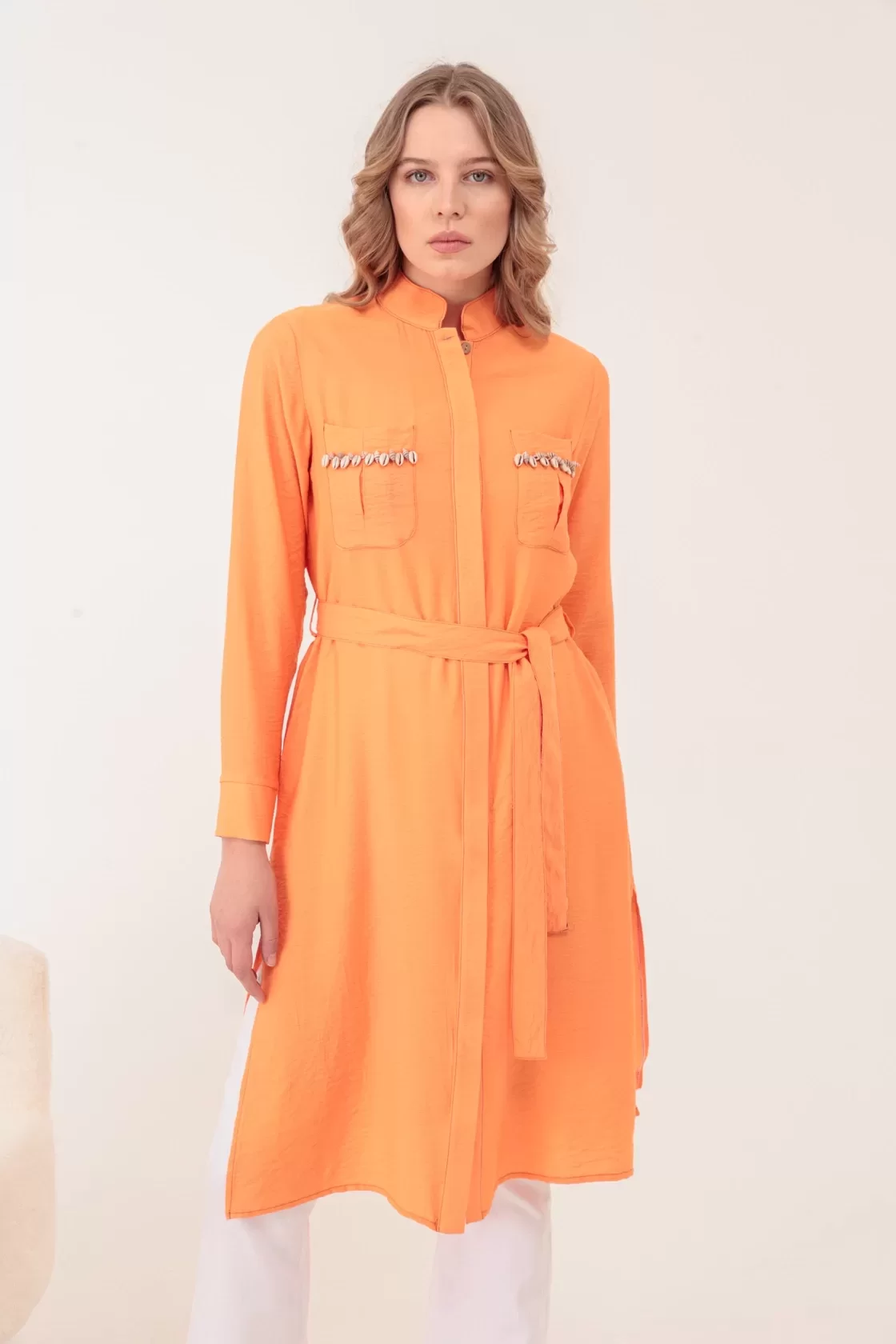 BLUEVA VİSKON COTON EL İŞLEMELİ TUNİK Oranj