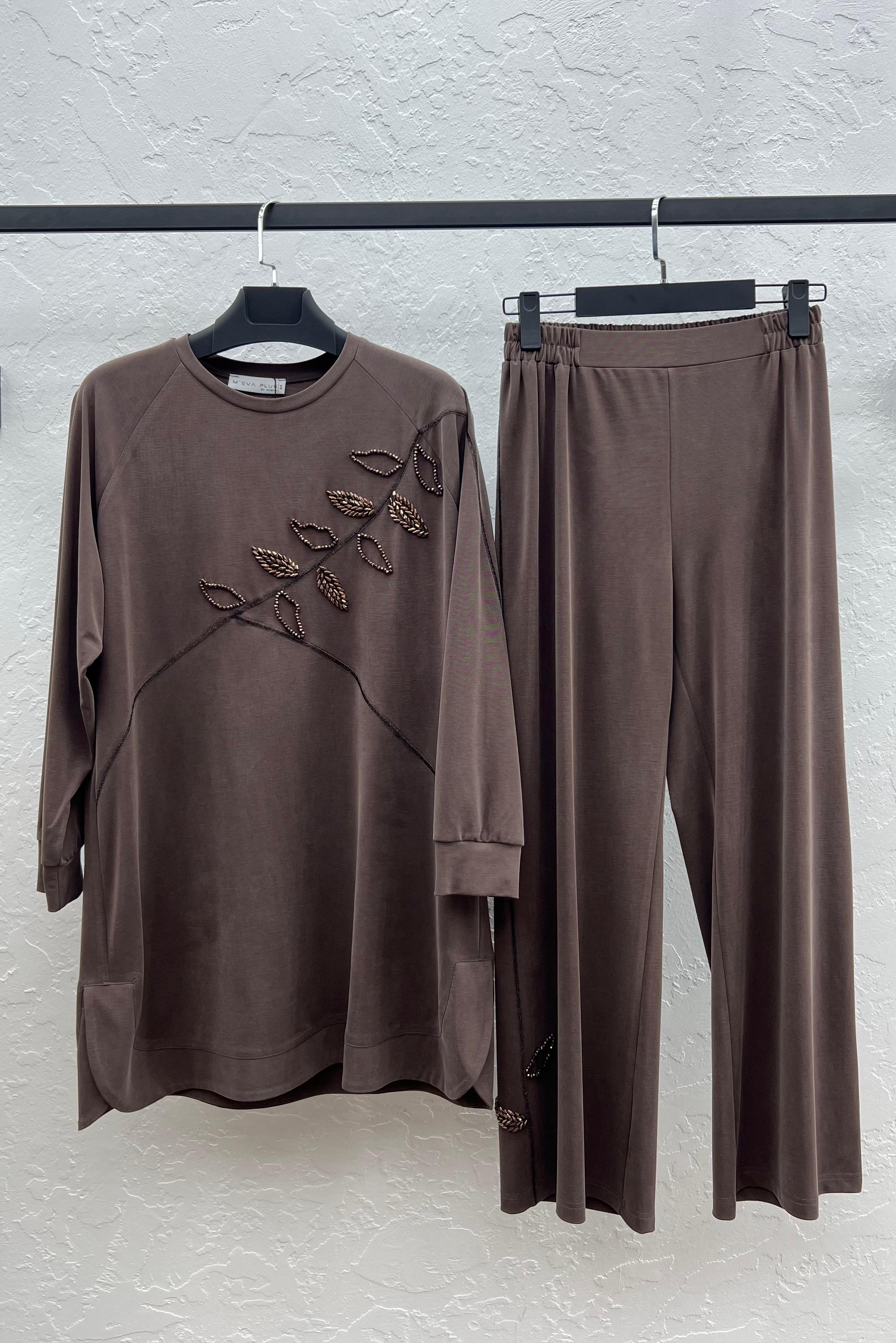 TENCEL CUPRA ÖRME TUNİK PANTOLON TAKIM Kahverengi 9