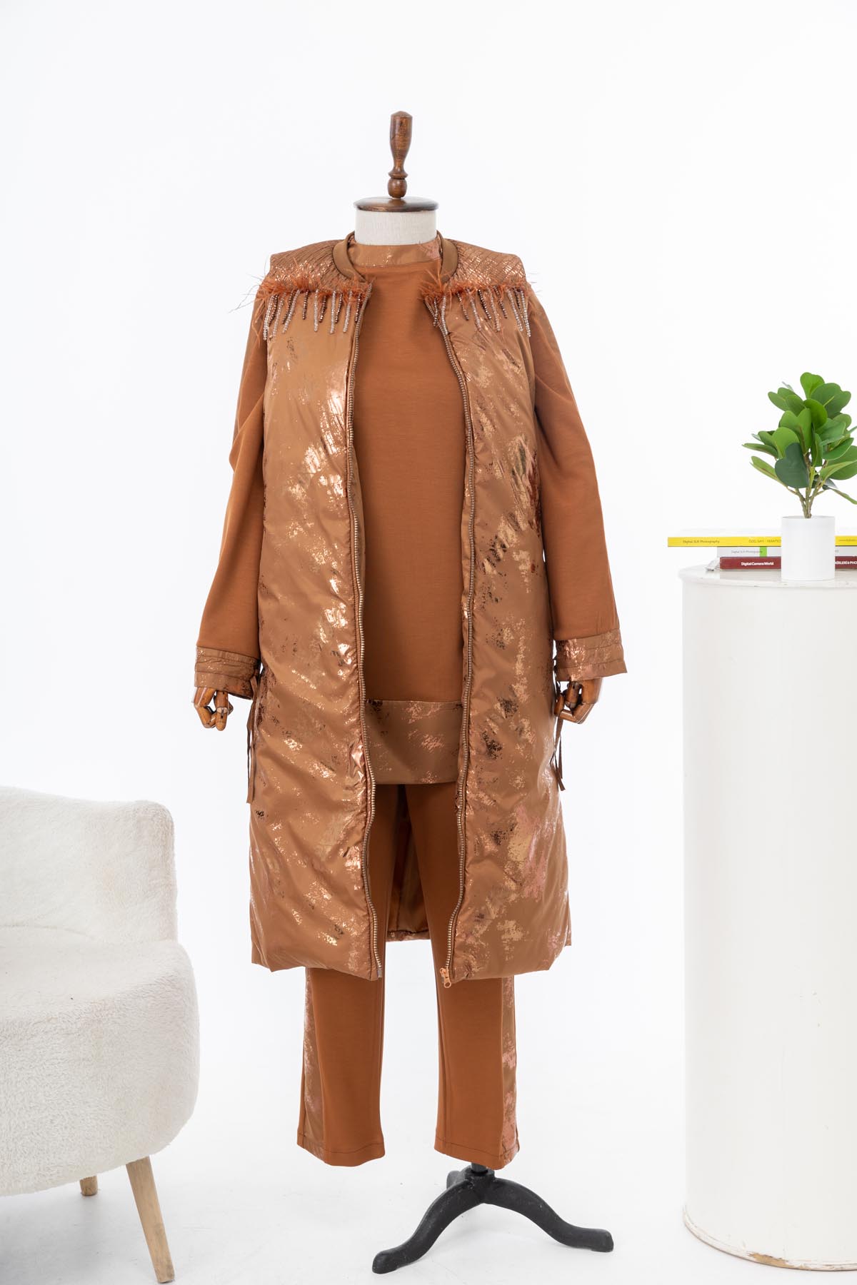 MODAL TUNİK PANTOLON & KAPİTONE YELEK TAKIM Camel 6