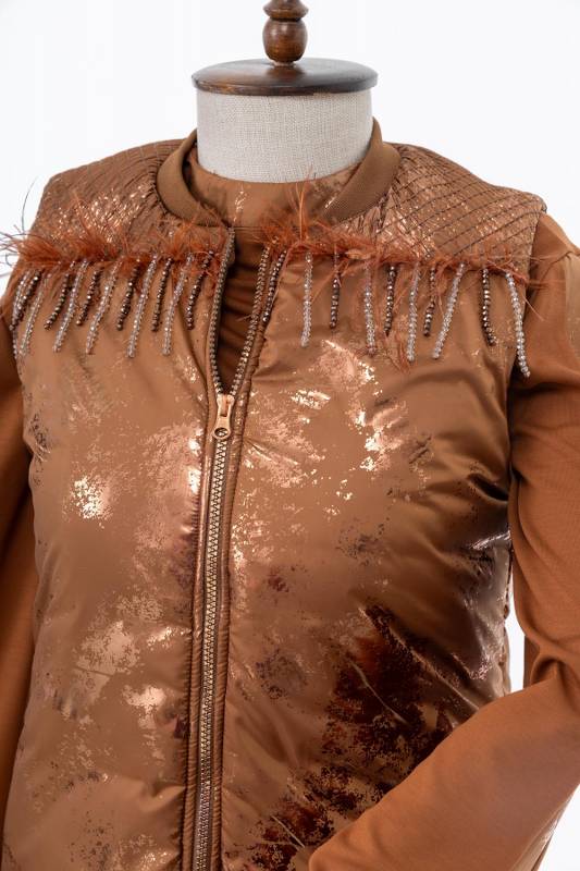MODAL TUNİK PANTOLON & KAPİTONE YELEK TAKIM Camel 5