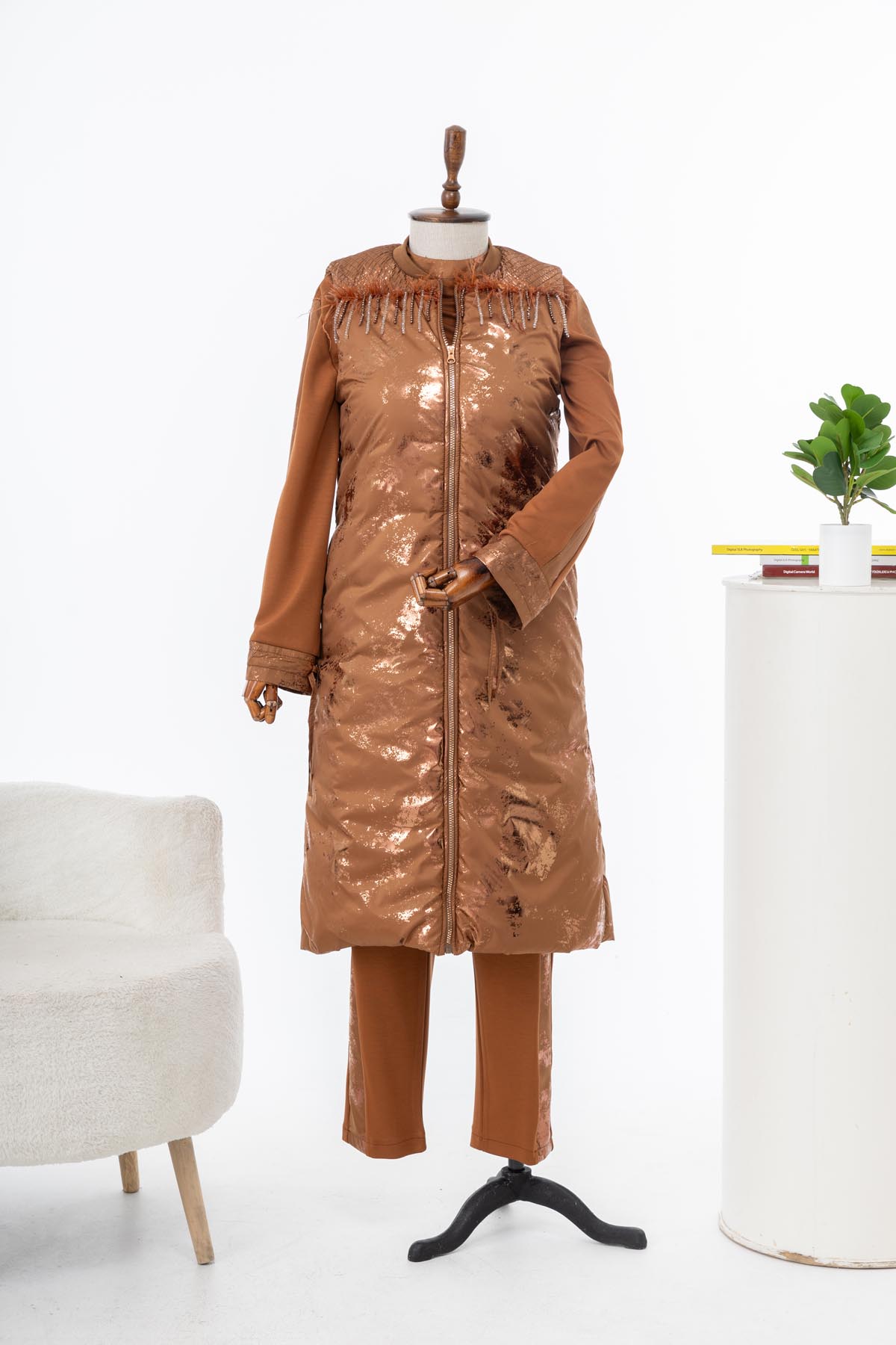 MODAL TUNİK PANTOLON & KAPİTONE YELEK TAKIM Camel 2