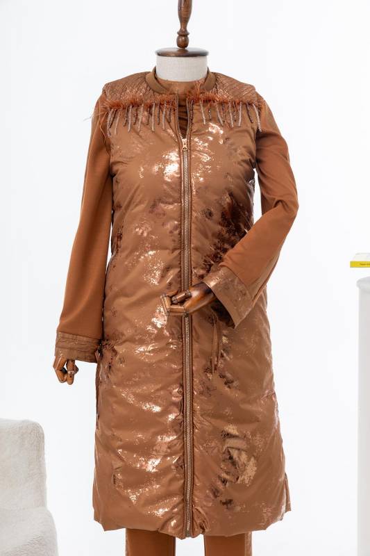 MODAL TUNİK PANTOLON & KAPİTONE YELEK TAKIM Camel 3