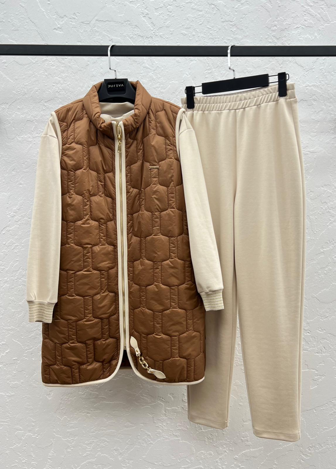 MODAL & KAPİTONE TUNİK YELEK PANTOLON TAKIM Taba / Bej 2