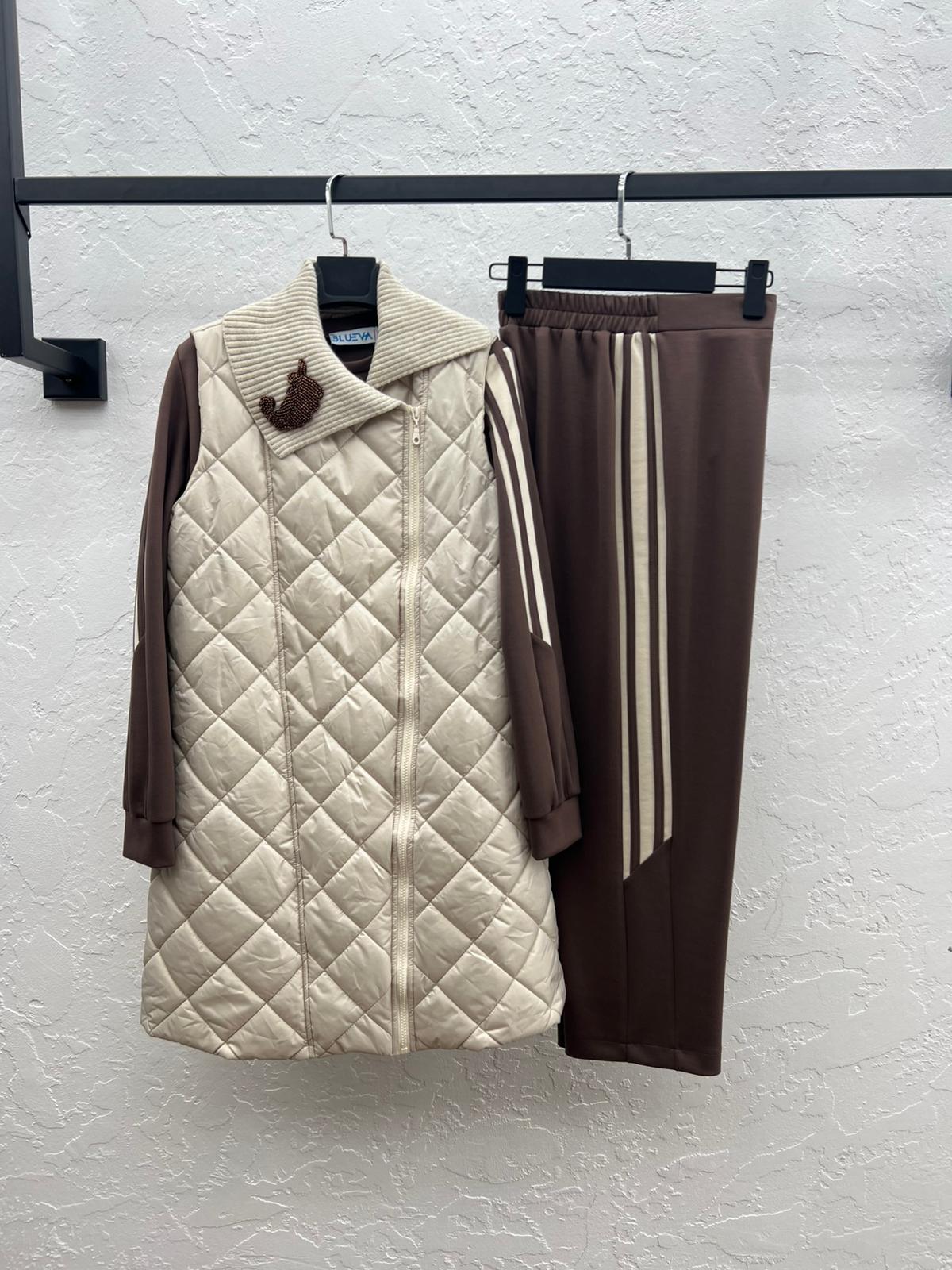 MODAL & KAPİTONE TUNİK YELEK PANTOLON TAKIM Bej/Çikolata 2