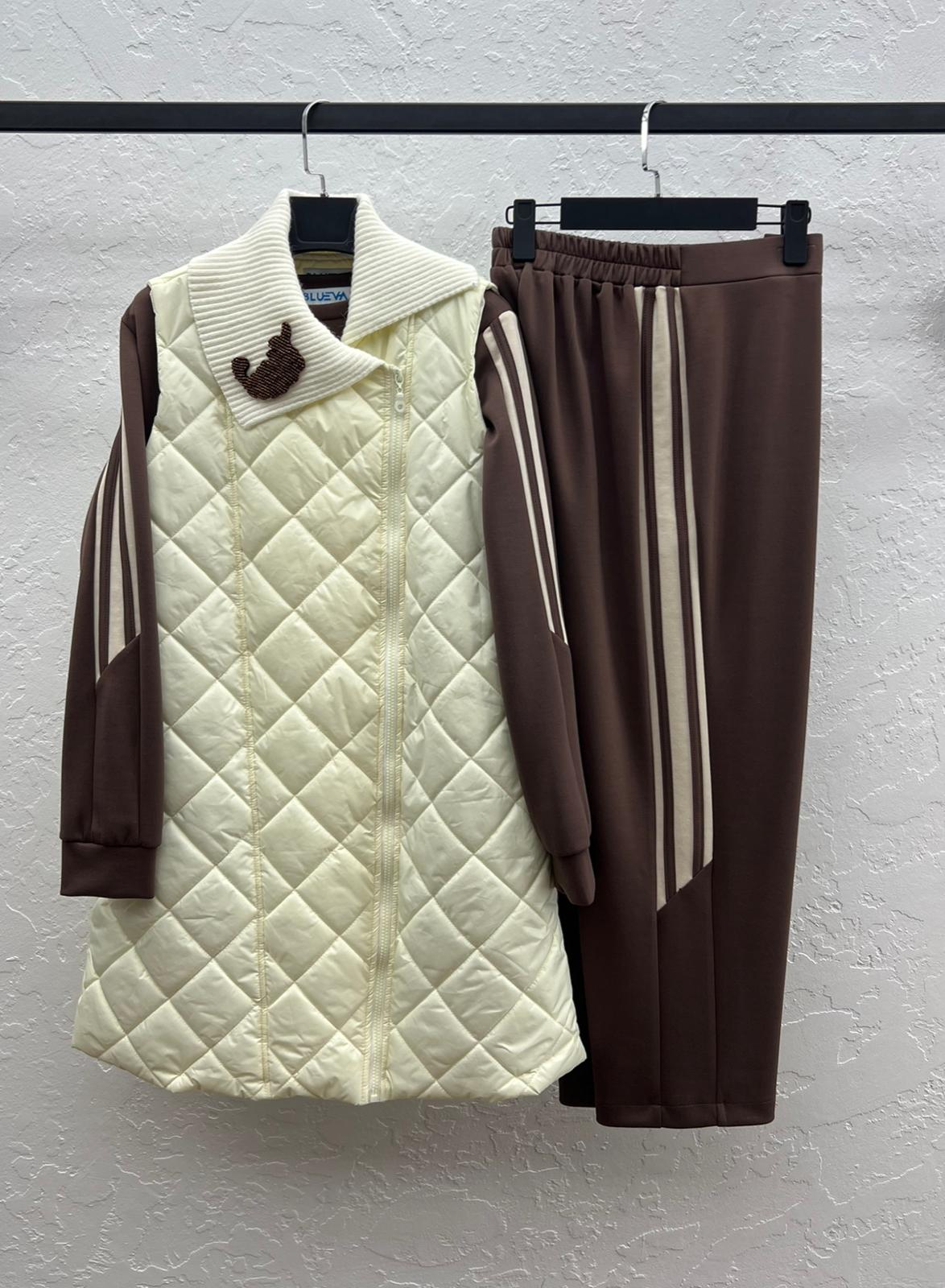 MODAL & KAPİTONE TUNİK YELEK PANTOLON TAKIM Limon/Çikolata 2
