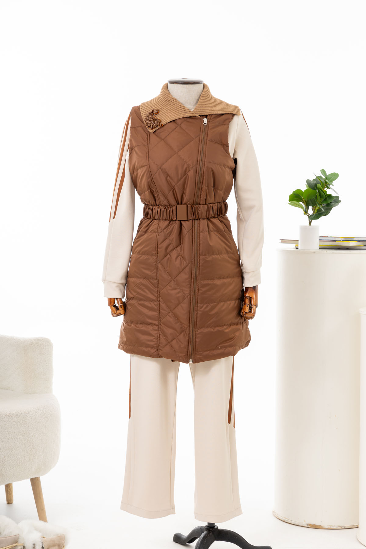 MODAL & KAPİTONE TUNİK YELEK PANTOLON TAKIM Taba / Bej 3