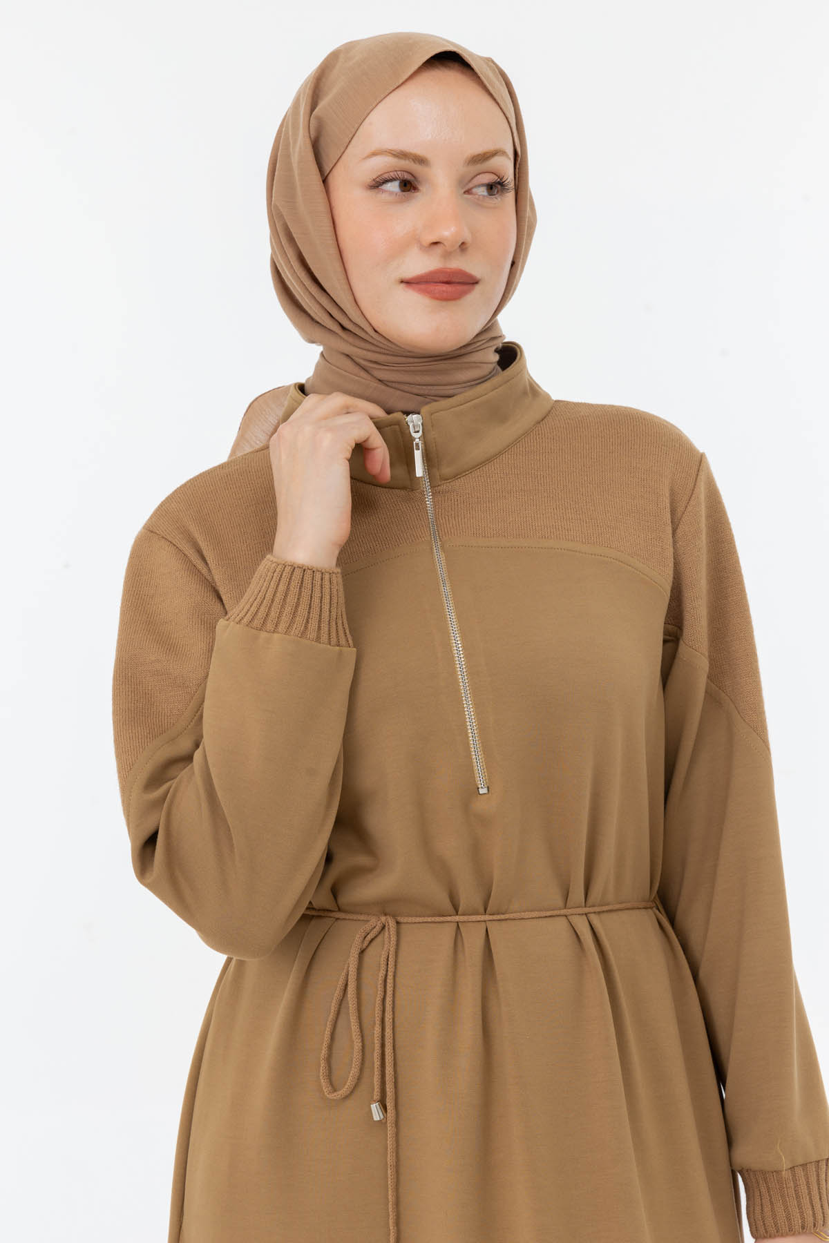 MODAL TRİKO KONBİNLİ TAM BOY ELBİSE Camel 3