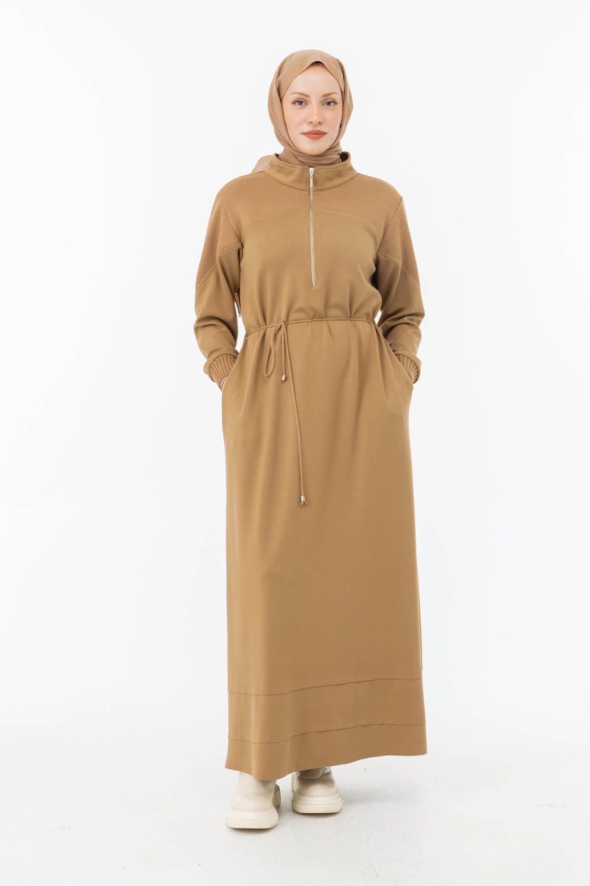 MODAL TRİKO KONBİNLİ TAM BOY ELBİSE Camel 2