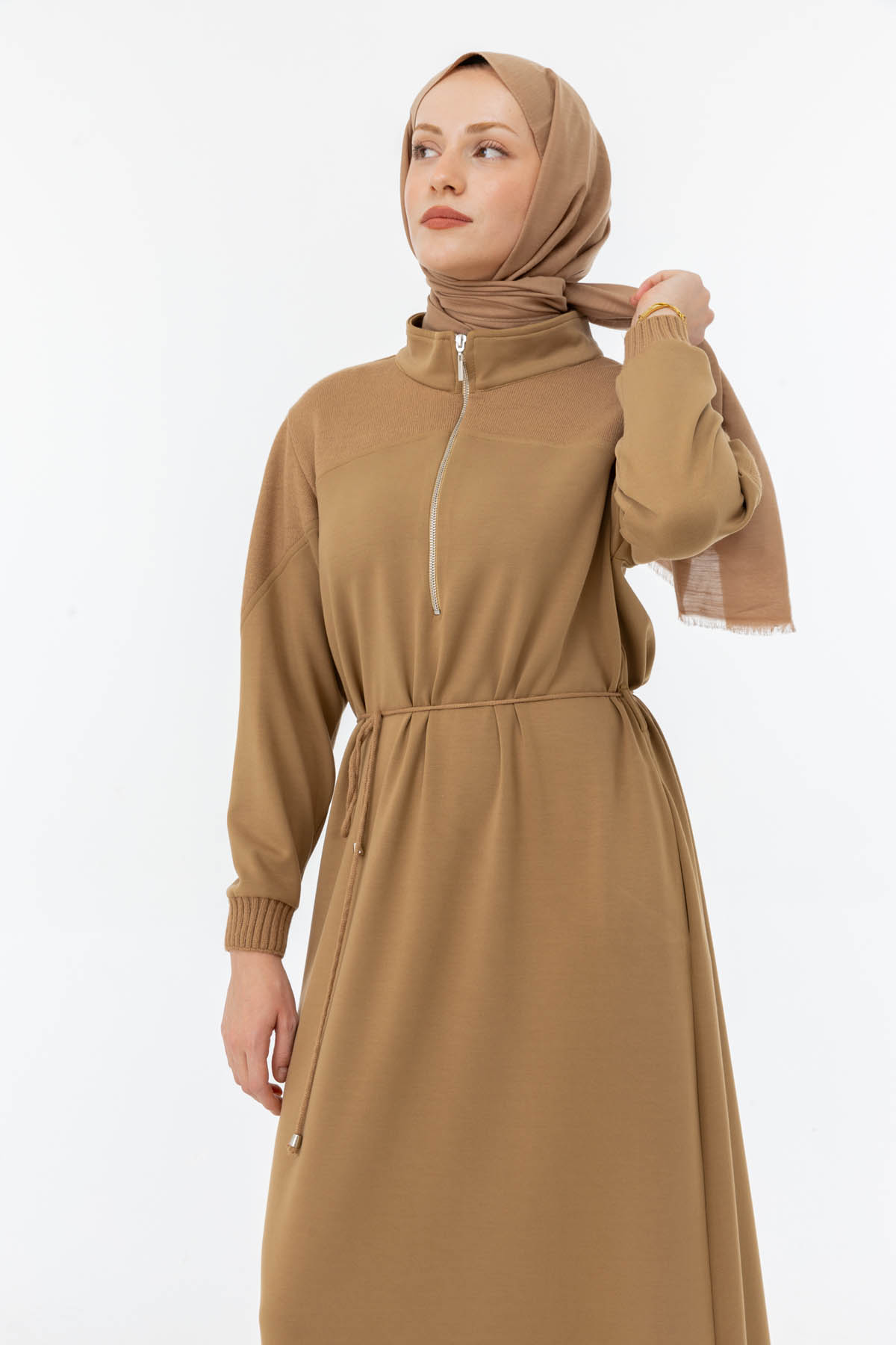 MODAL TRİKO KONBİNLİ TAM BOY ELBİSE Camel 4
