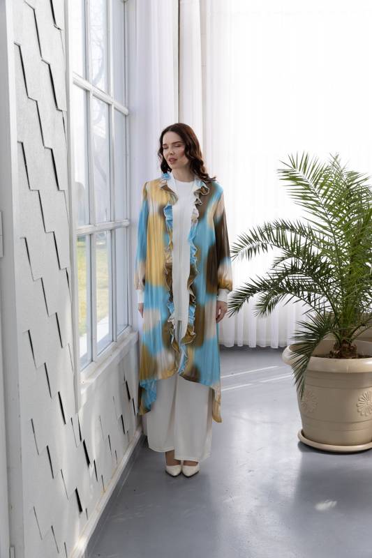 PUREVA ŞİFON MERSERİZE KONBİNLİ TUNİK PANTOLON TAKIM Duru Oslo Gold Batik Turkuaz