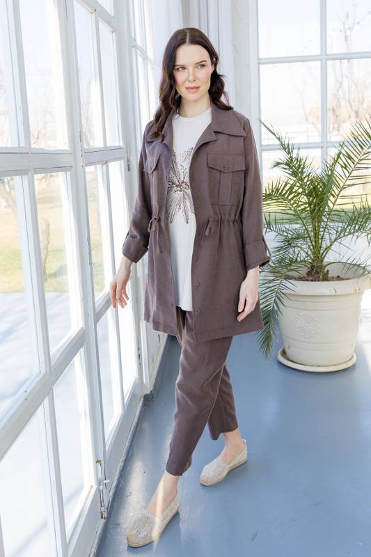 PUREVA MODAL TUNİK SAFARİ TENCEL PANTOLONLU TAKIM Çikolata