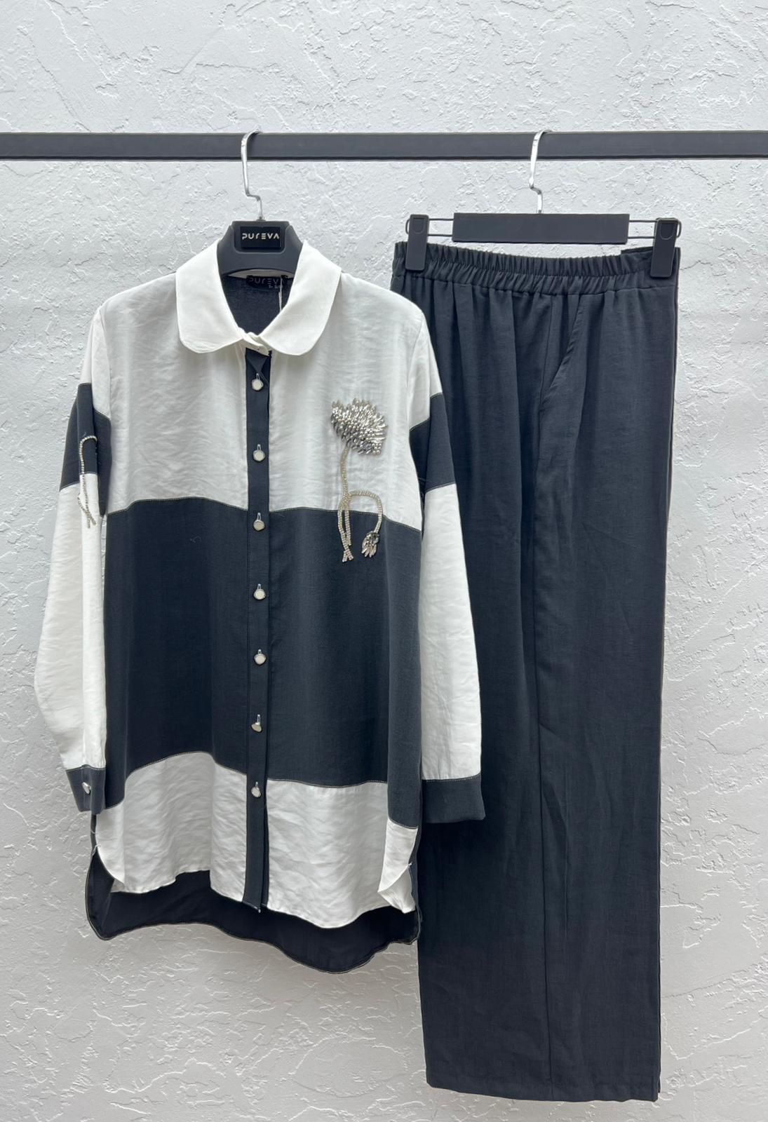 TENCEL TUNİK PANTOLON TAKIM Ekru/Siyah 2