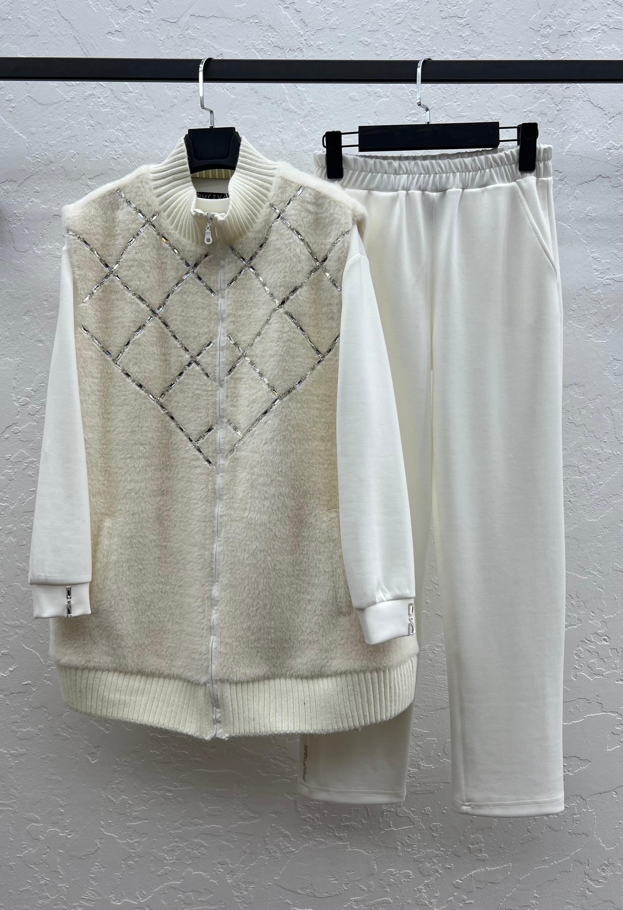 ANGORA YELEK & MODAL TUNİK PANTOLON TAKIM Ekru 4