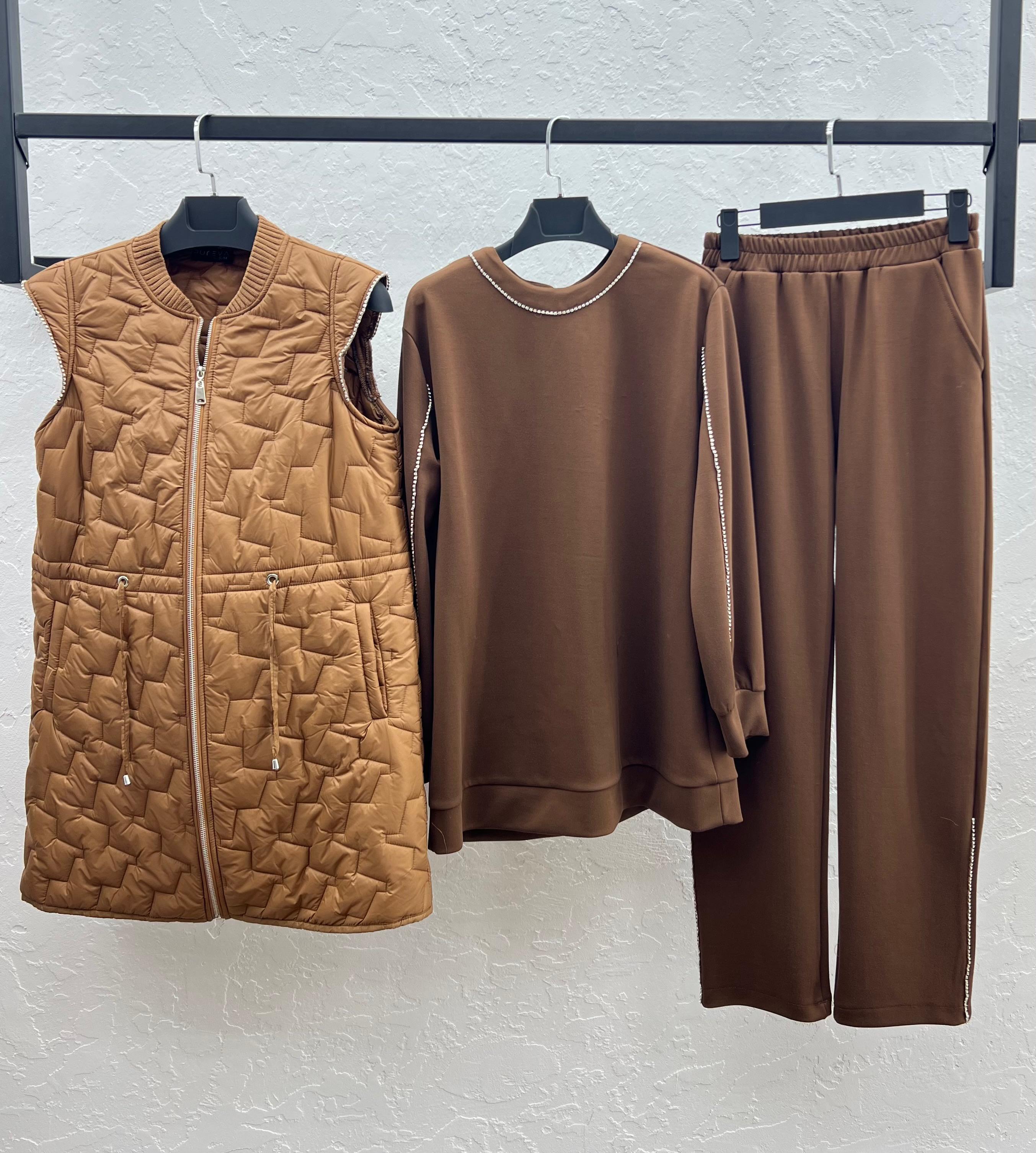 PUREVA MODAL TUNİK PANTOLON & KAPİTONE YELEKLİ ÜÇLÜ TAKIM Taba