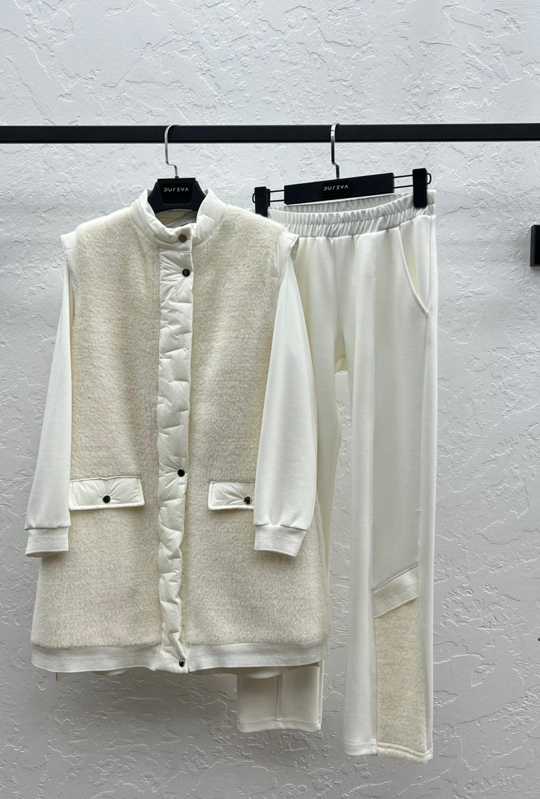 PUREVA ANGORA YELEK & MODAL TUNİK PANTOLON TAKIM Ekru