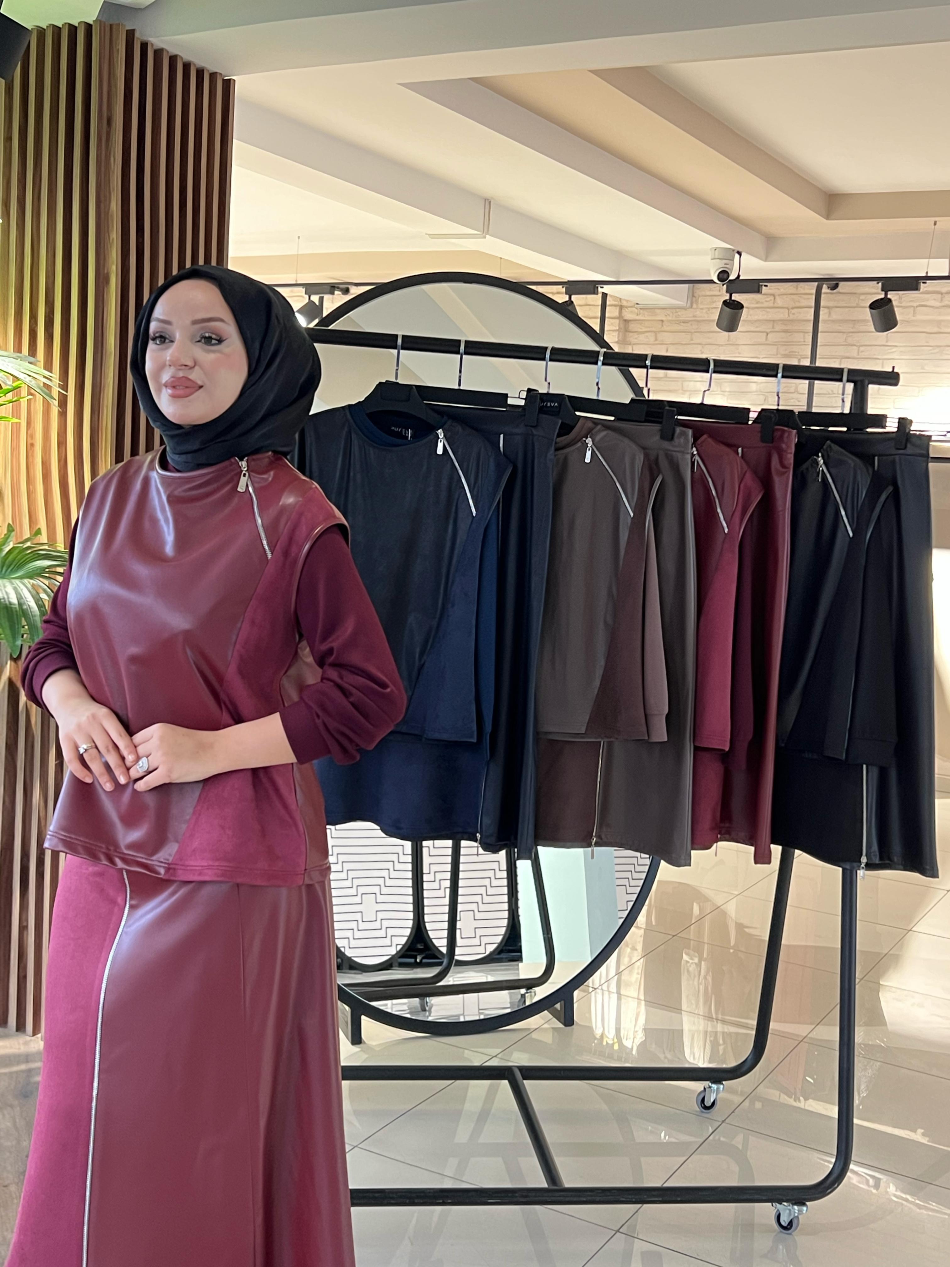 DERİ SÜET MODAL KARIŞIMLI ETEK TUNİK YELEK TAKIM Bordo 2