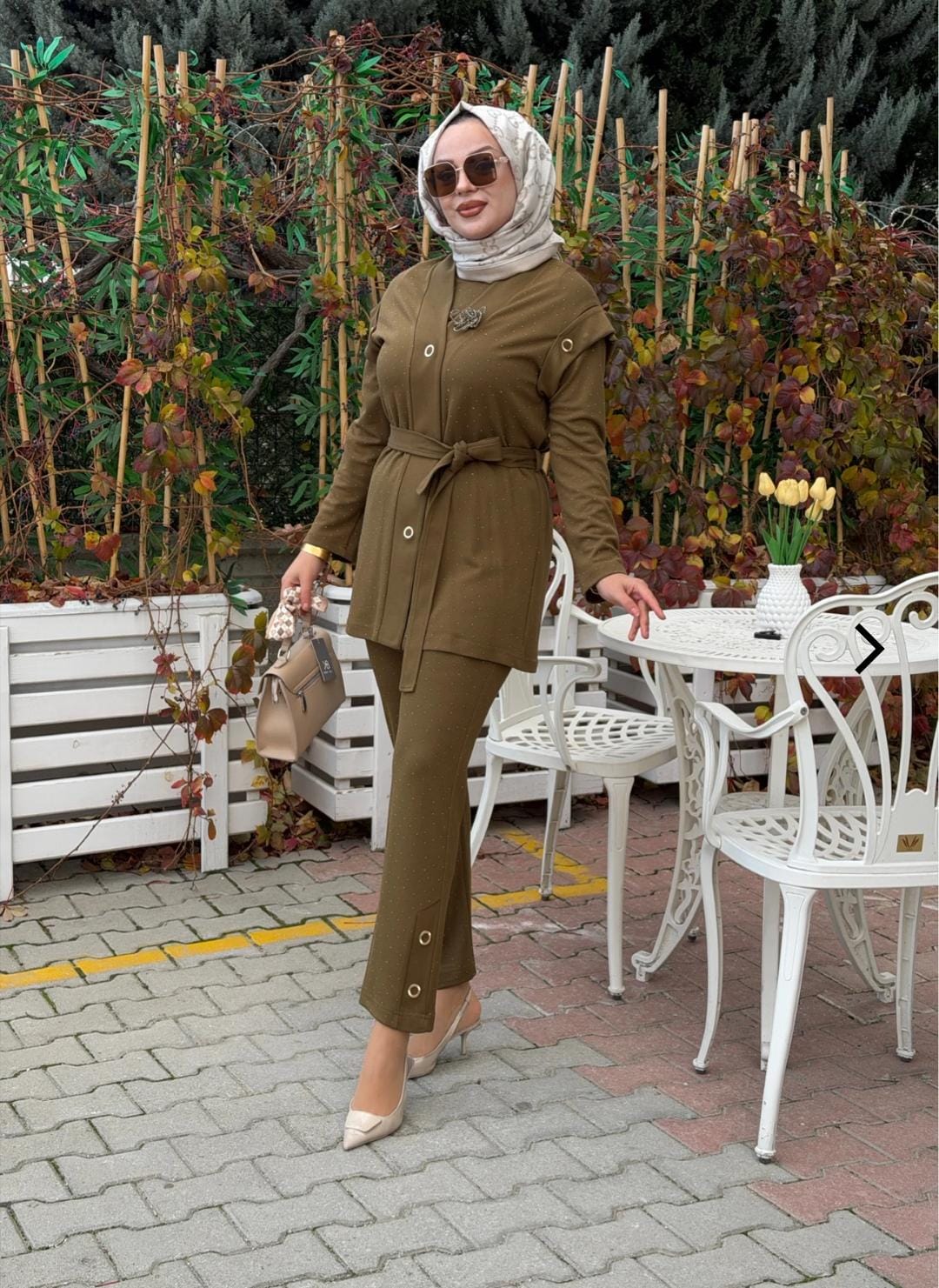 PUREVA TAŞLI ÖRME PANTOLON TUNİK YELEK ÜÇLÜ TAKIM Kekik