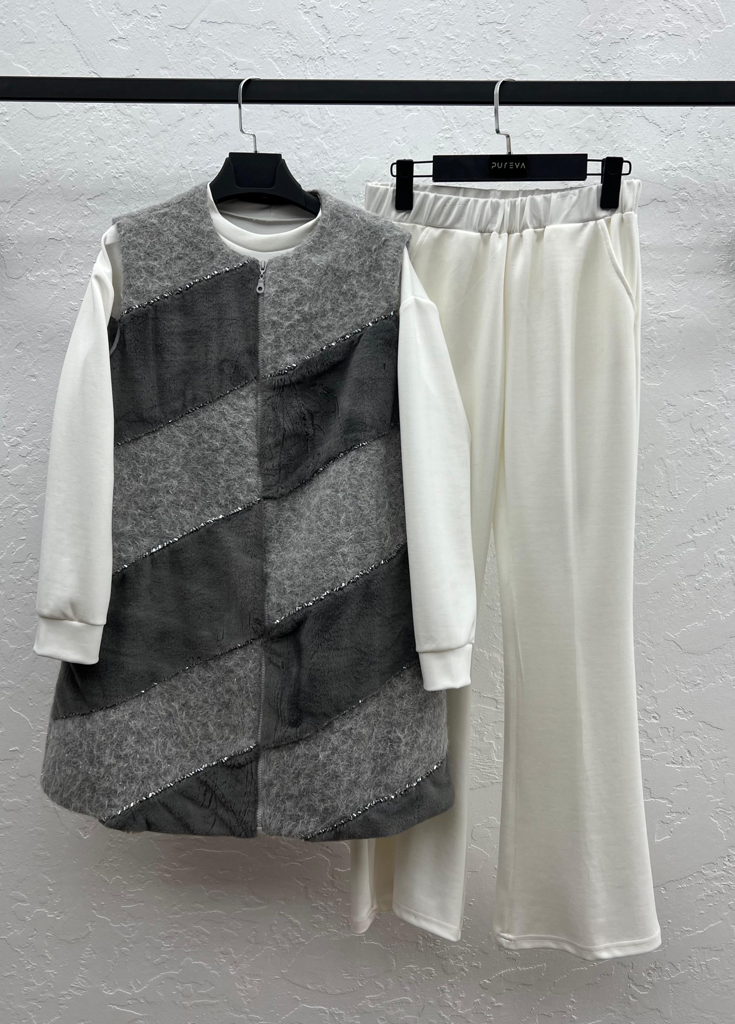 PUREVA ANGORA YELEK & MODAL TUNİK PANTOLON TAKIM Gri