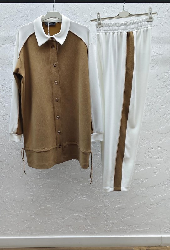 ÇİZGİLİ MODAL TUNİK PANTOLON TAKIM Camel 3