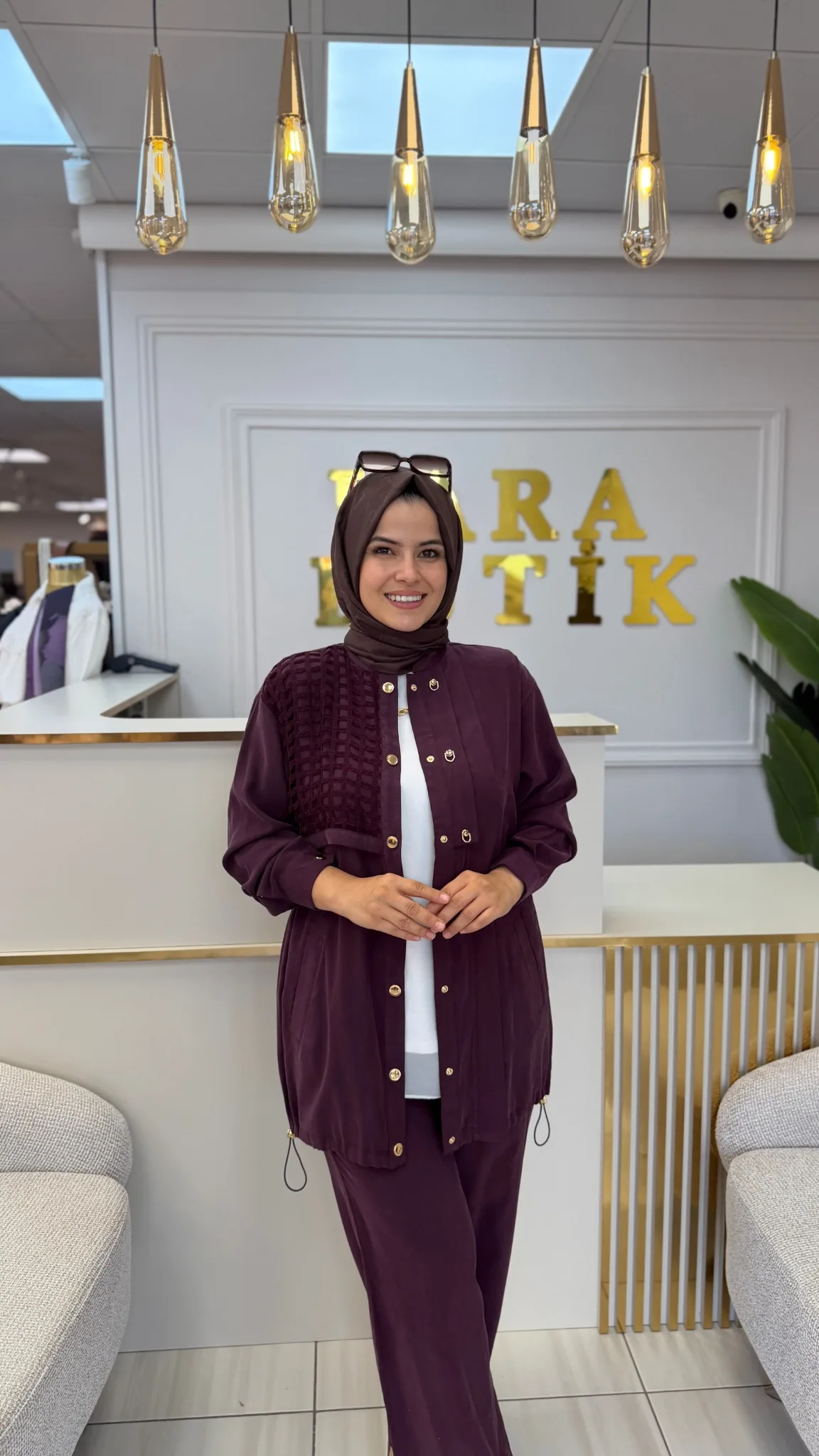 File detaylı pantolonlu takım Mürdüm 2