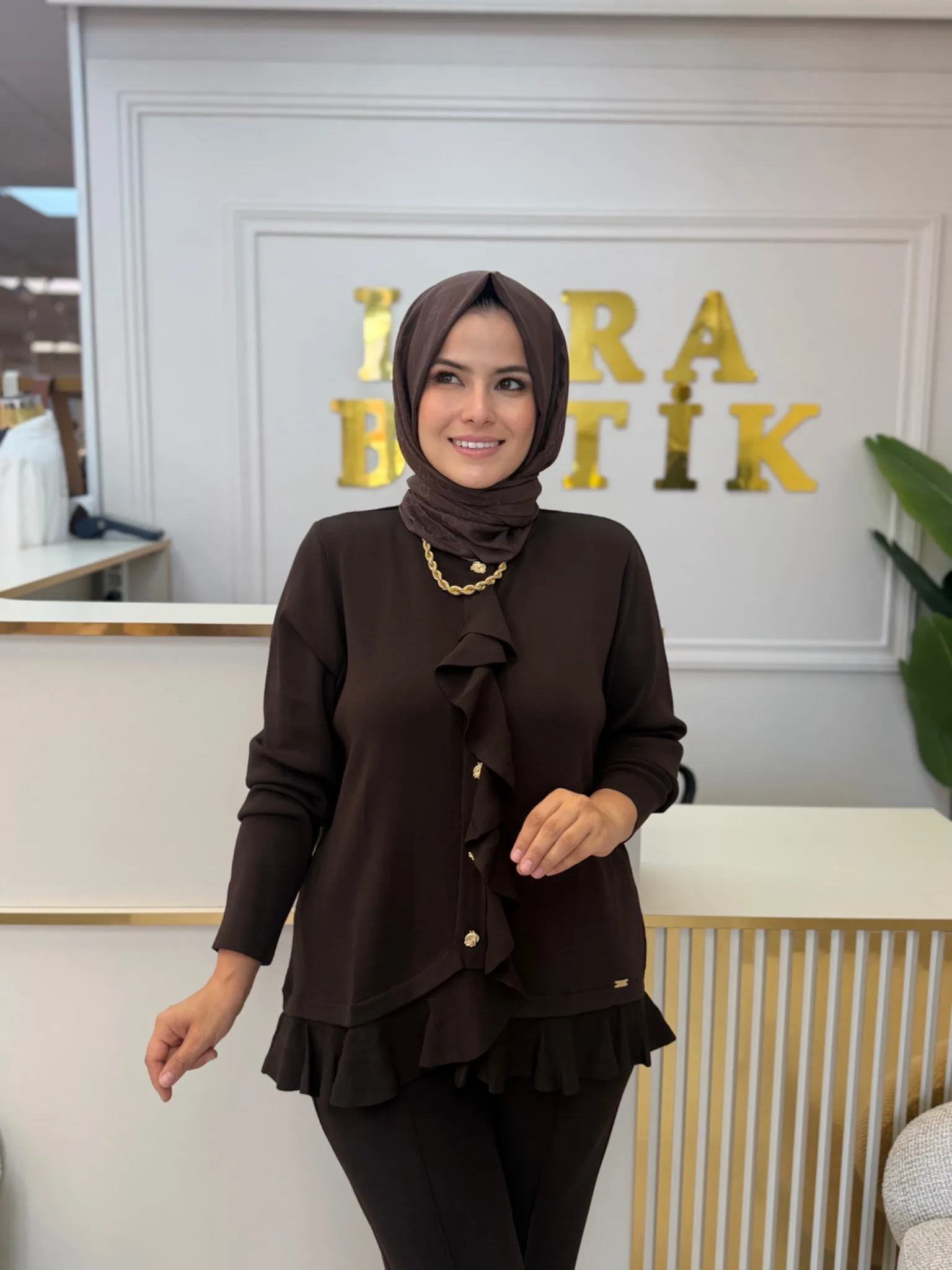 NİLİWİ Merserize fırfır detaylı hırka Kahverengi