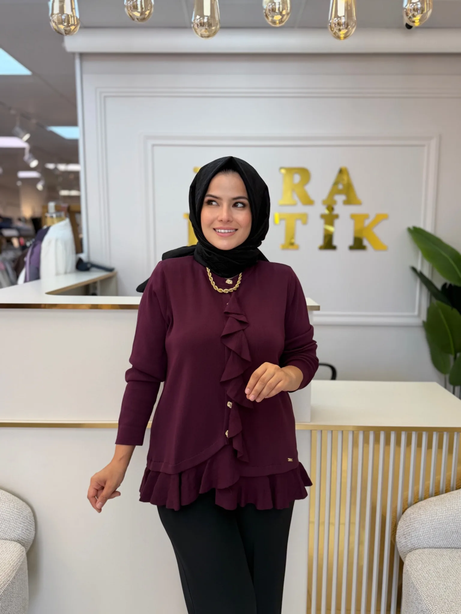 NİLİWİ Merserize fırfır detaylı hırka Mürdüm
