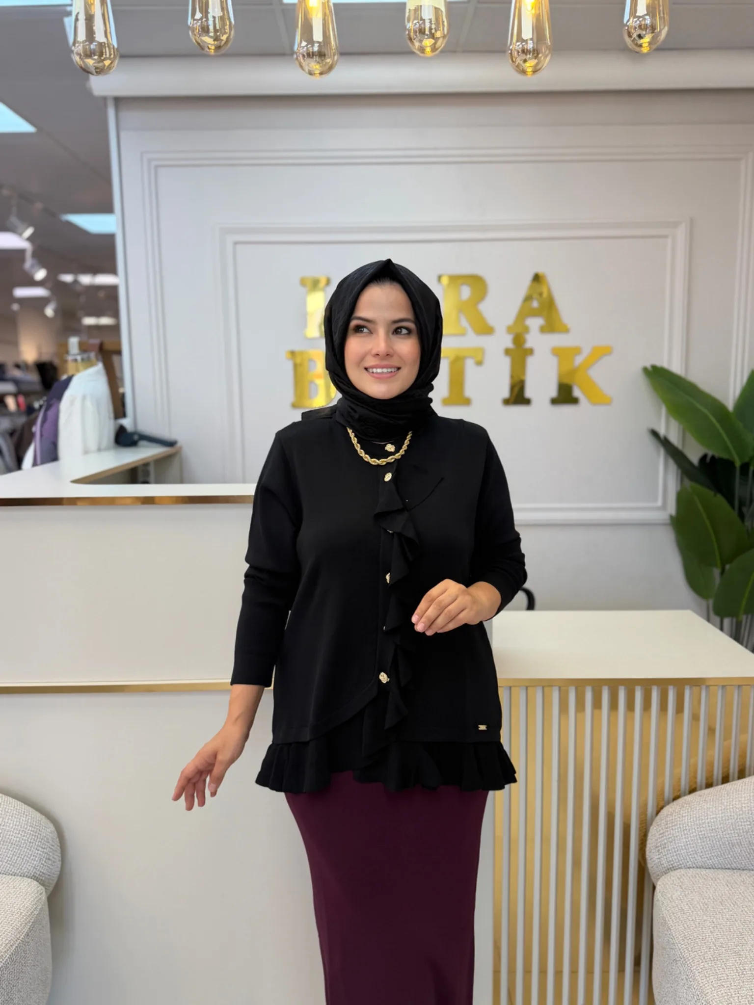 NİLİWİ Merserize fırfır detaylı hırka Siyah