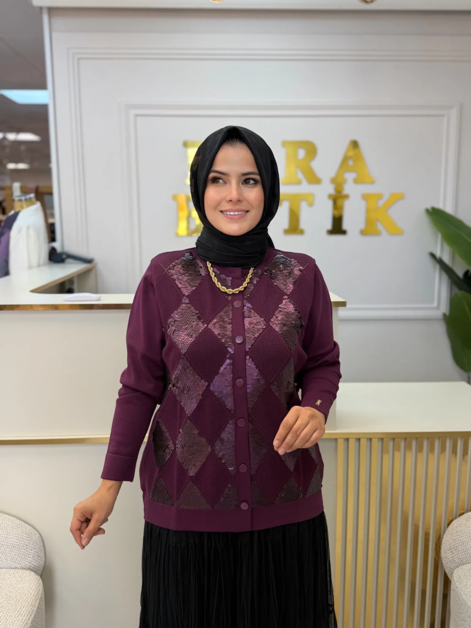 NİLİWİ MERSERİZE  PAYETLİ HIRKA Mürdüm