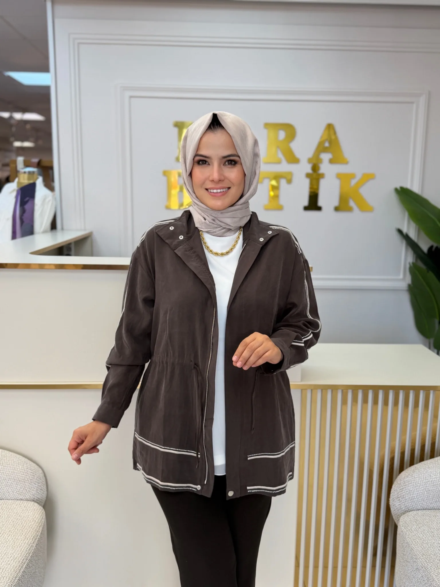 MİA NAURA Şerit detaylı fermuarlı ceket Kahverengi
