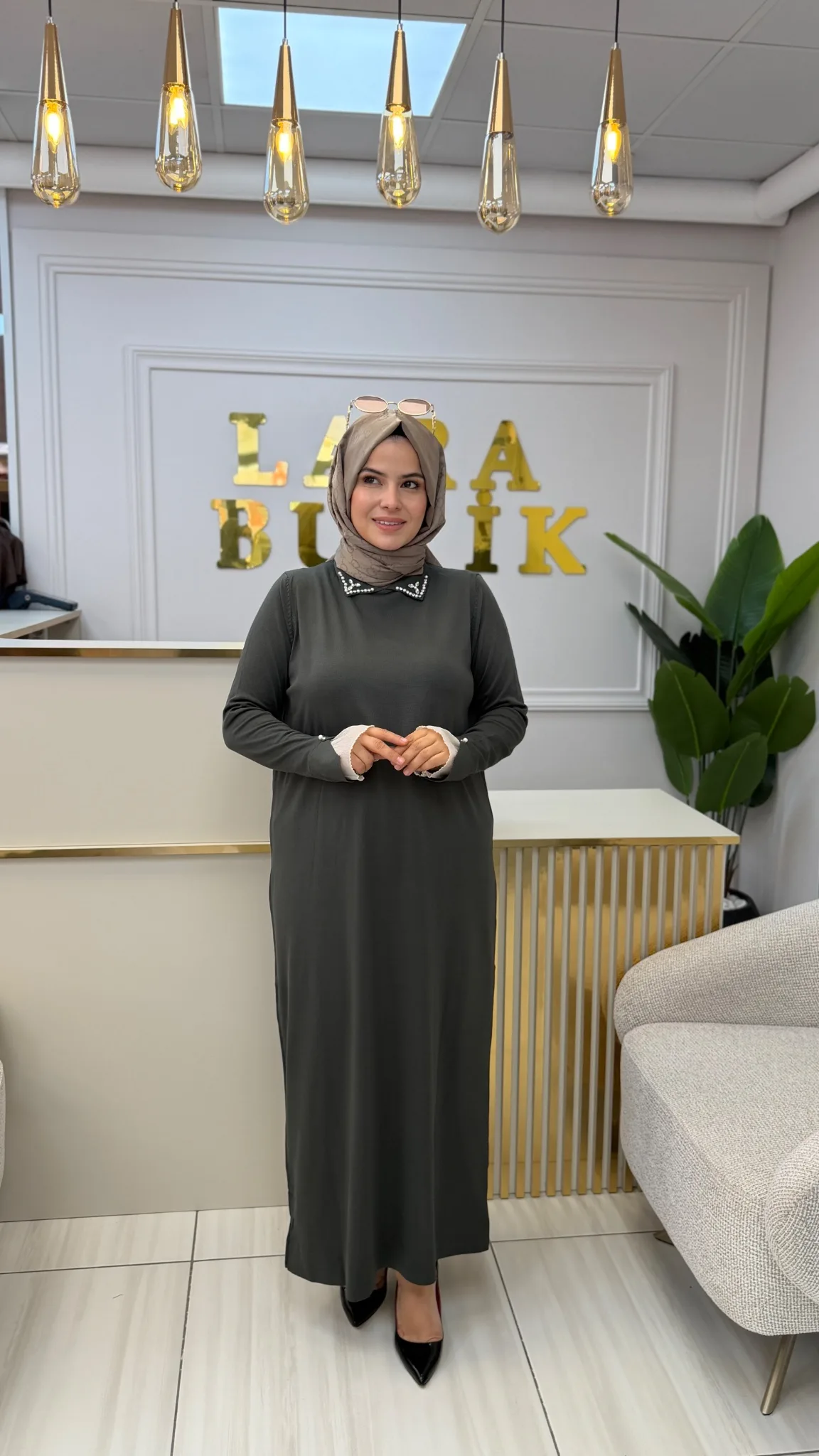 VİVALOLİTA SOĞUK İPLİK MERSERİZE ELBİSE Haki Yeşili