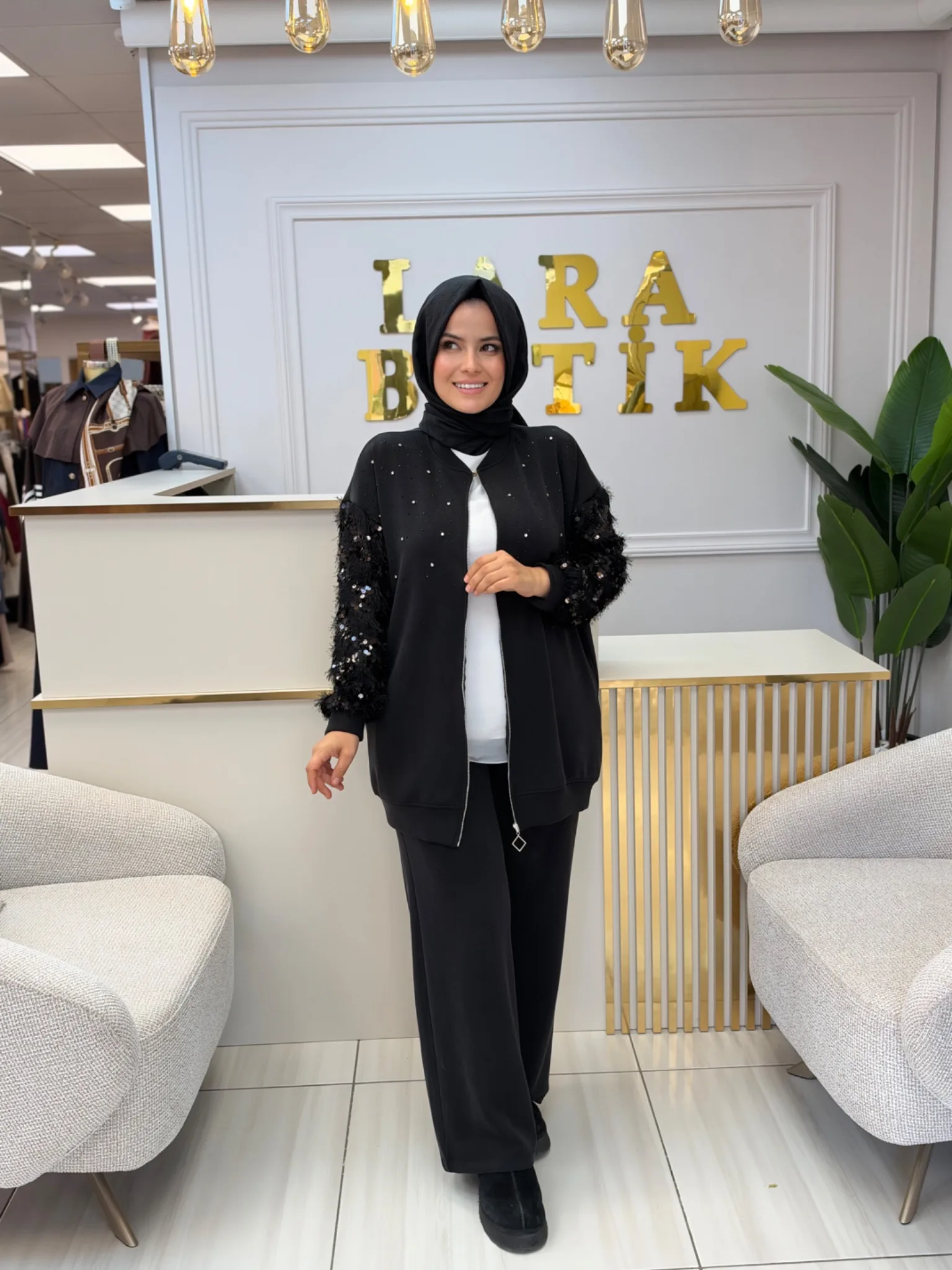 AYNAZ PAYET KOL DETAYLI İKİLİ TAKIM Siyah