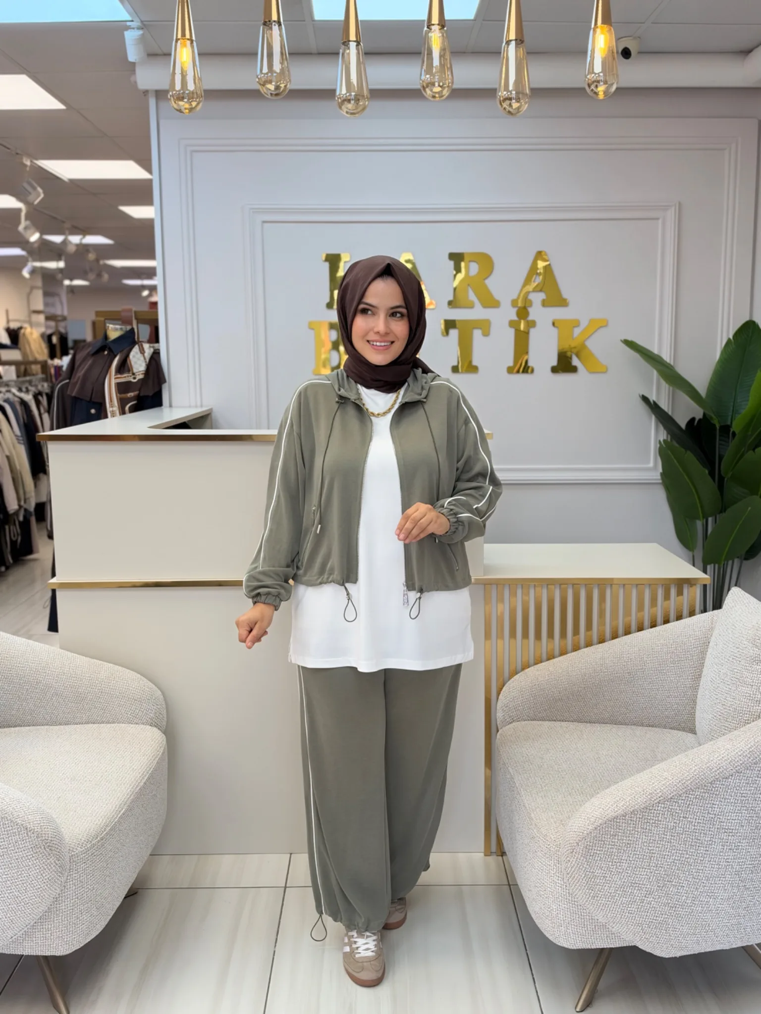 STELLA STORE KAPÜŞONLU ŞERİT DETAYLI 3'LÜ TAKIM Haki Yeşili