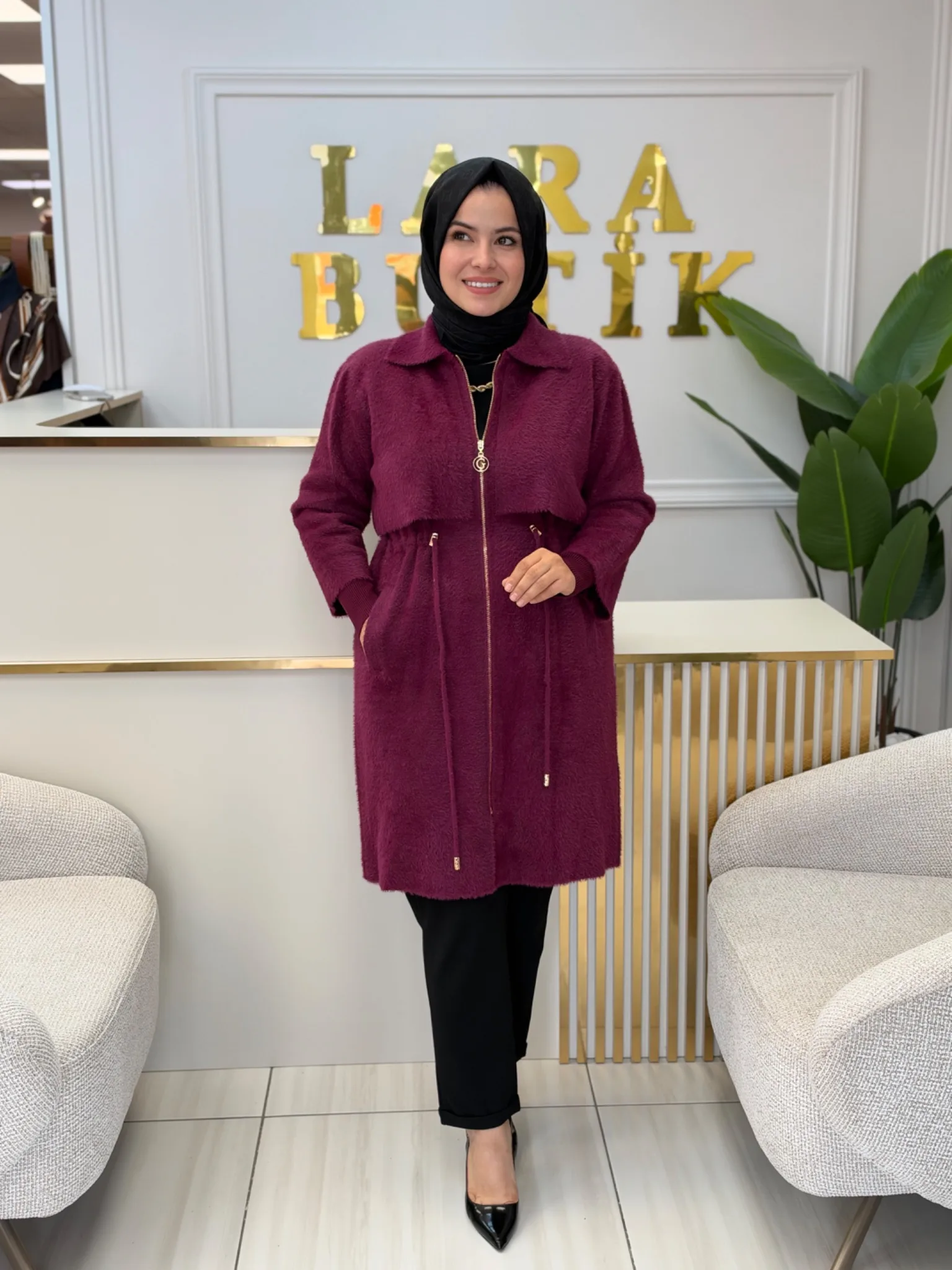 GÜLSELİ TRİKO KOL VE FERMUAR DETAYLI ANGORA HIRKA Bordo