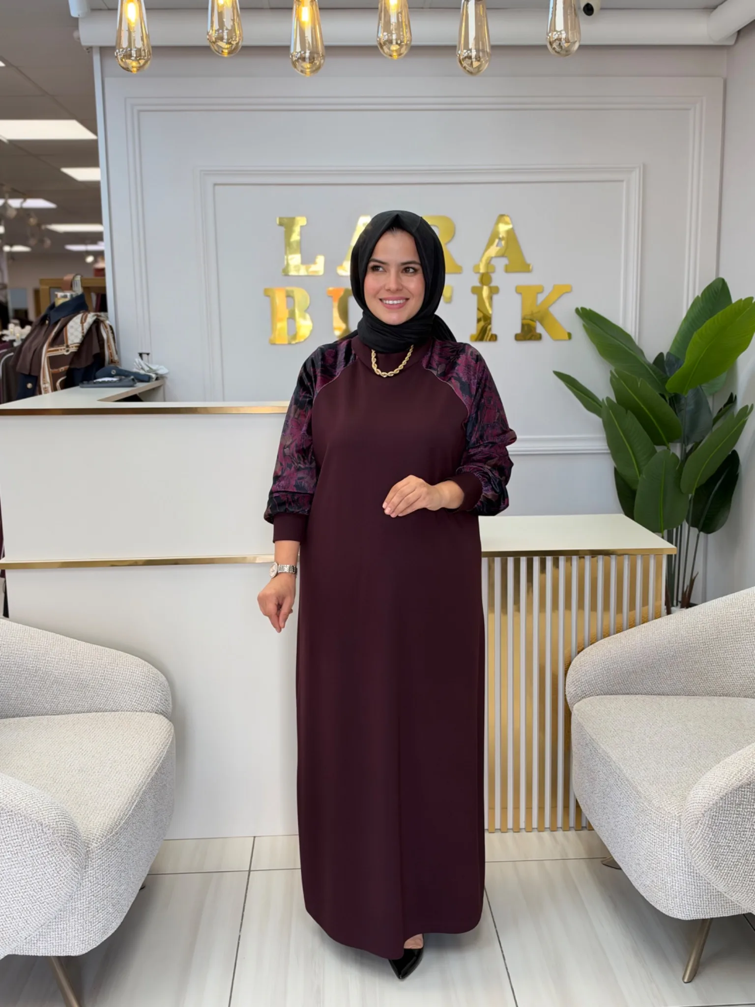 GİZEMLİ KOLLARI KADİFE DETAYLI ELBİSE Mürdüm