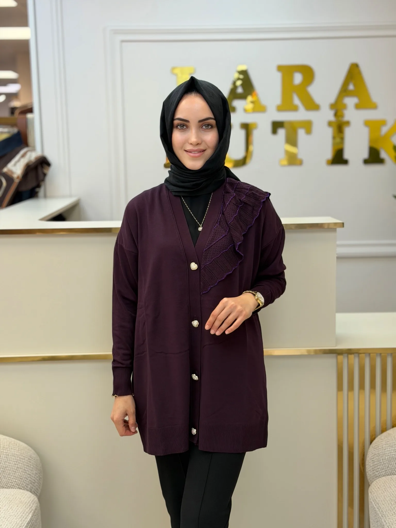 VİVALOLİTA FIRFIR DETAYLI TRİKO HIRKA Mor