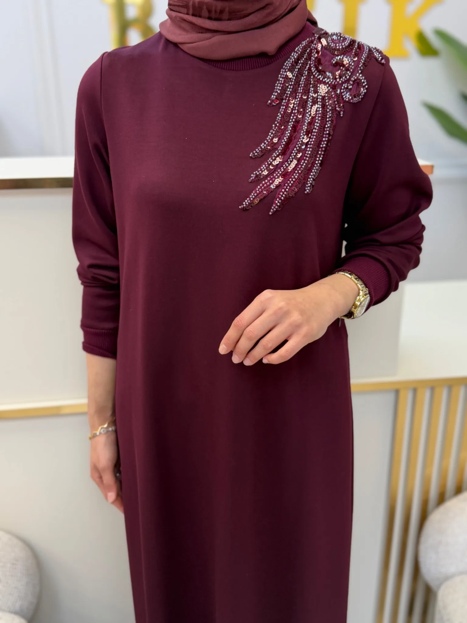 MODAL ELBİSE APLİKE DETAYLI Bordo 2
