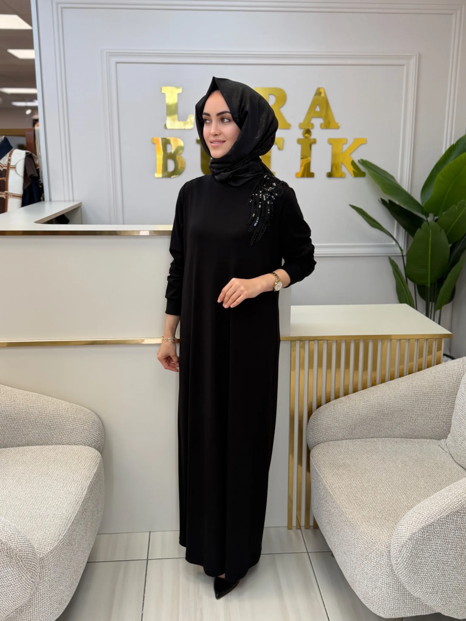 BUTİX MODAL ELBİSE APLİKE DETAYLI Siyah