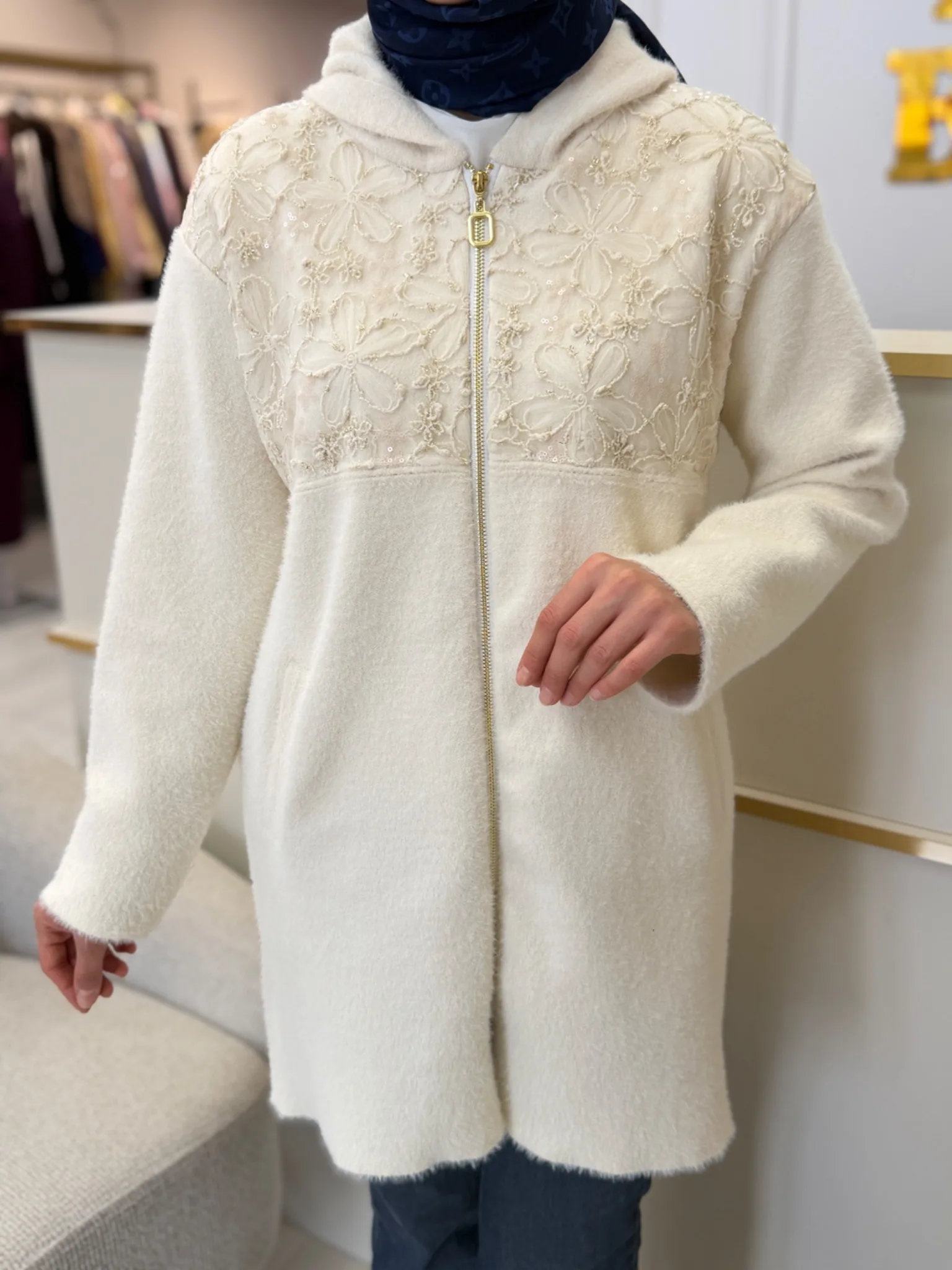 ÇİÇEK DESENLİ ANGORA HIRKA Ekru 2