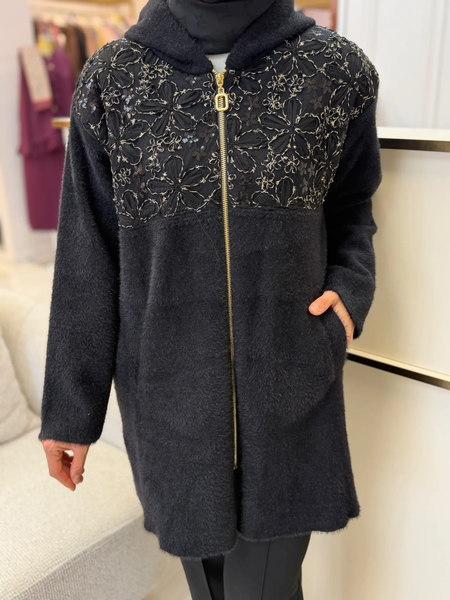 ÇİÇEK DESENLİ ANGORA HIRKA Siyah 2
